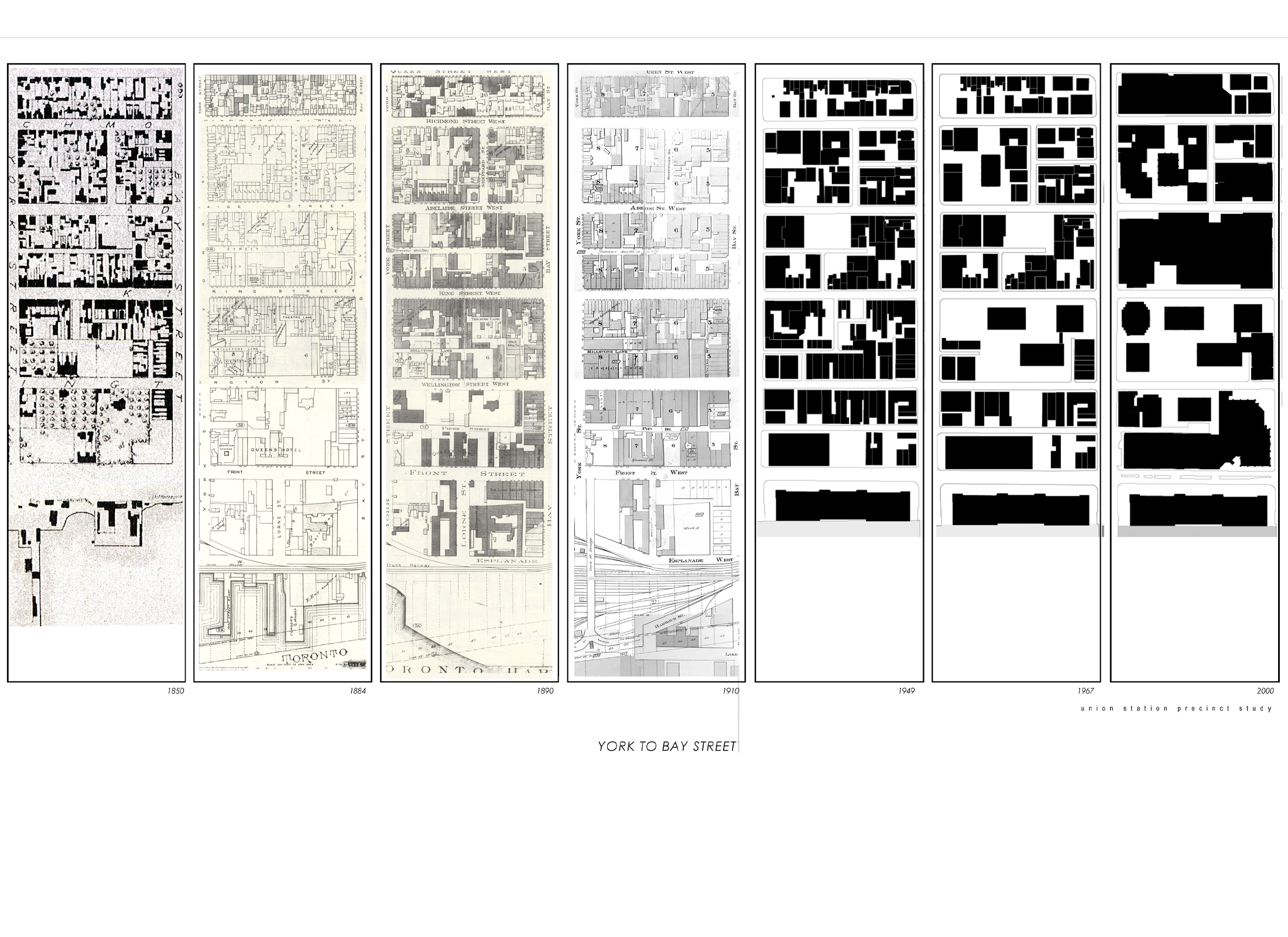 Timeline of maps from 1850-2000 highlighting York to Bay street.
