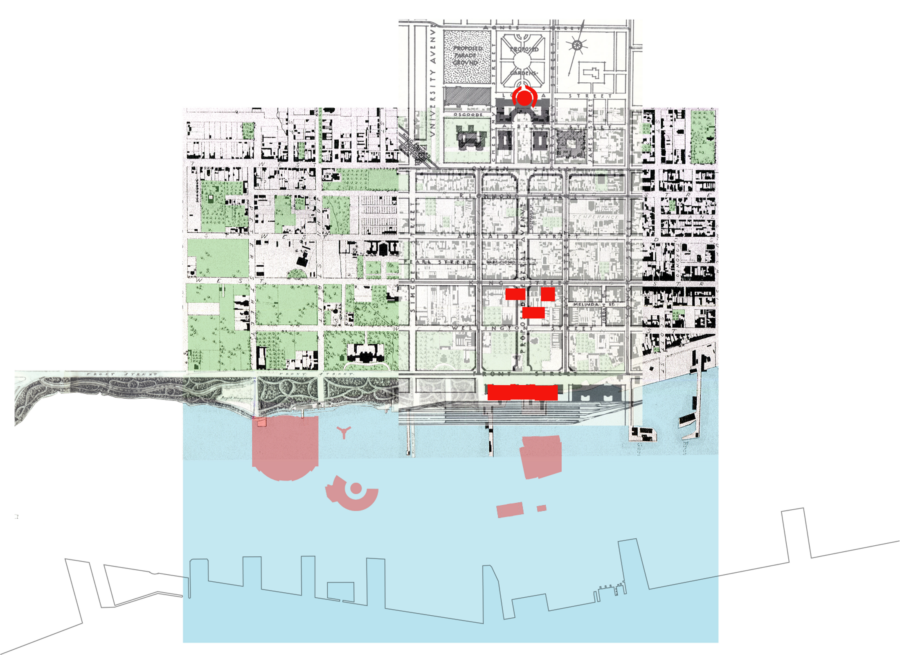 Old map of Toronto's waterfront with future buildings overlayed in red.