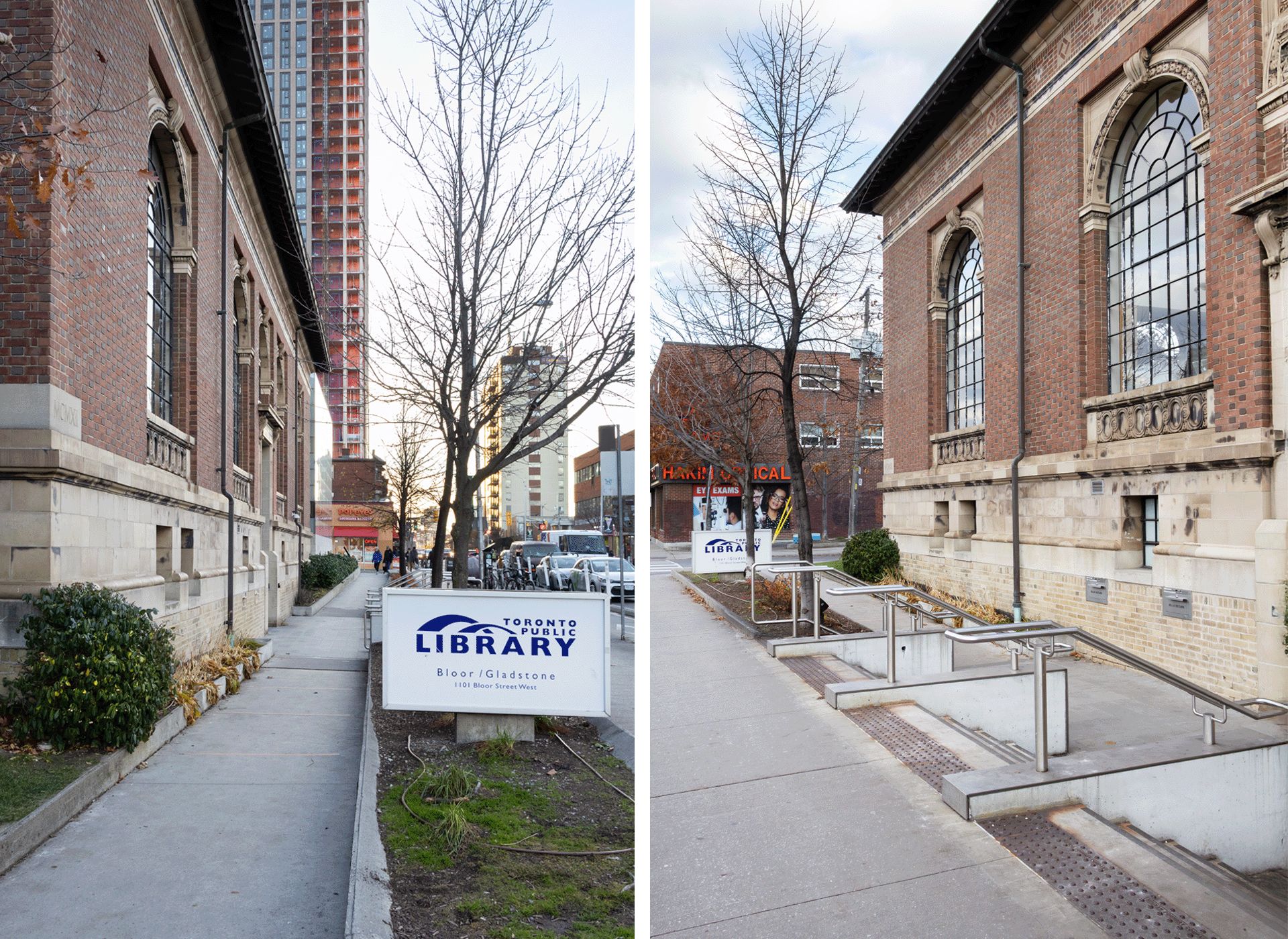 Two images show an accessibility ramp leading to a red and cream brick building, with a white sign that reads "Toronto Public Library" is on the righthand side of the image, and a second image shows three sets of stairs leading to a red and cream brick building.