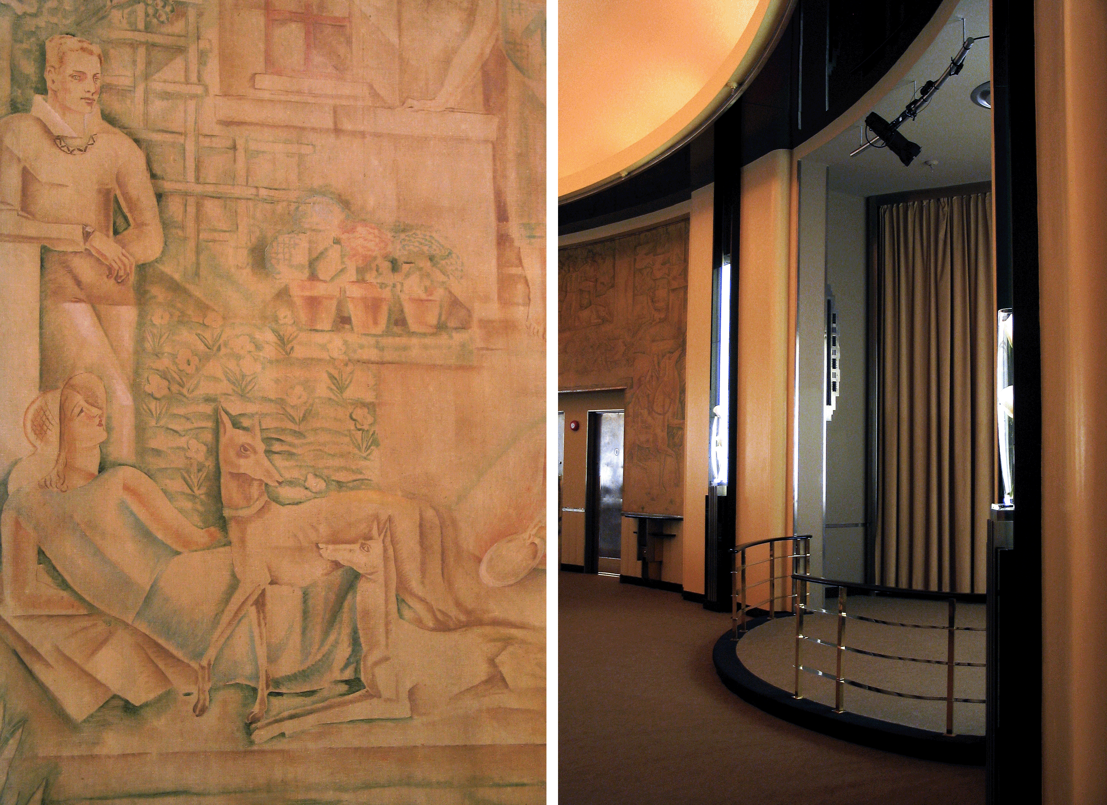 Interior of The Carlu on Yonge and College, highlighting the wallpaper of people and animals inside the building.
