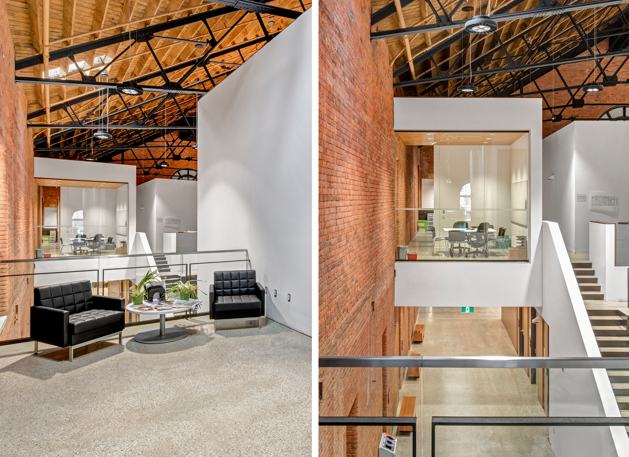 Office area inside large vaulted room.