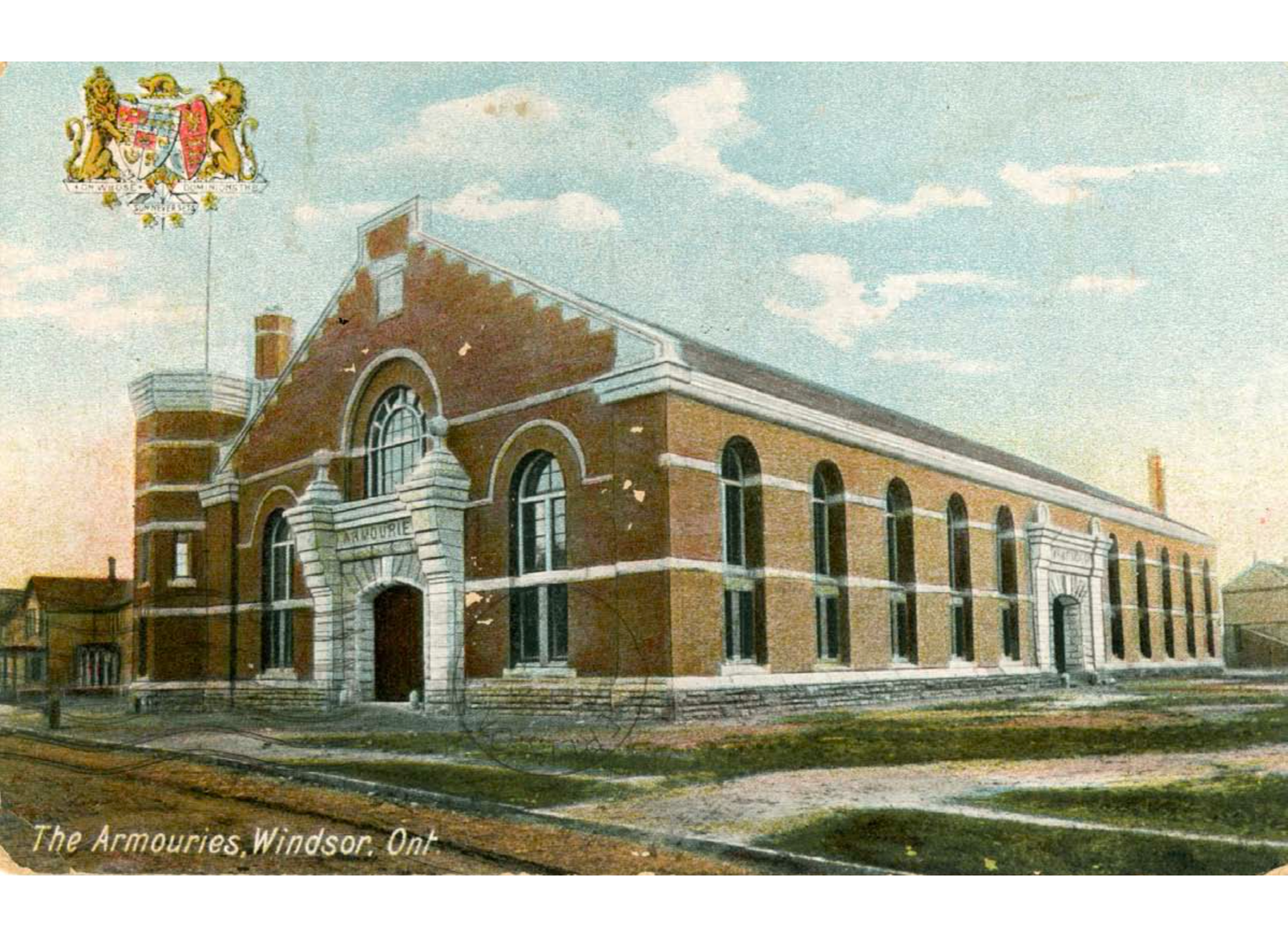 Historical drawing of the front and side of the Windsor Armory building, a building with red brick, white stone, and arched windows.