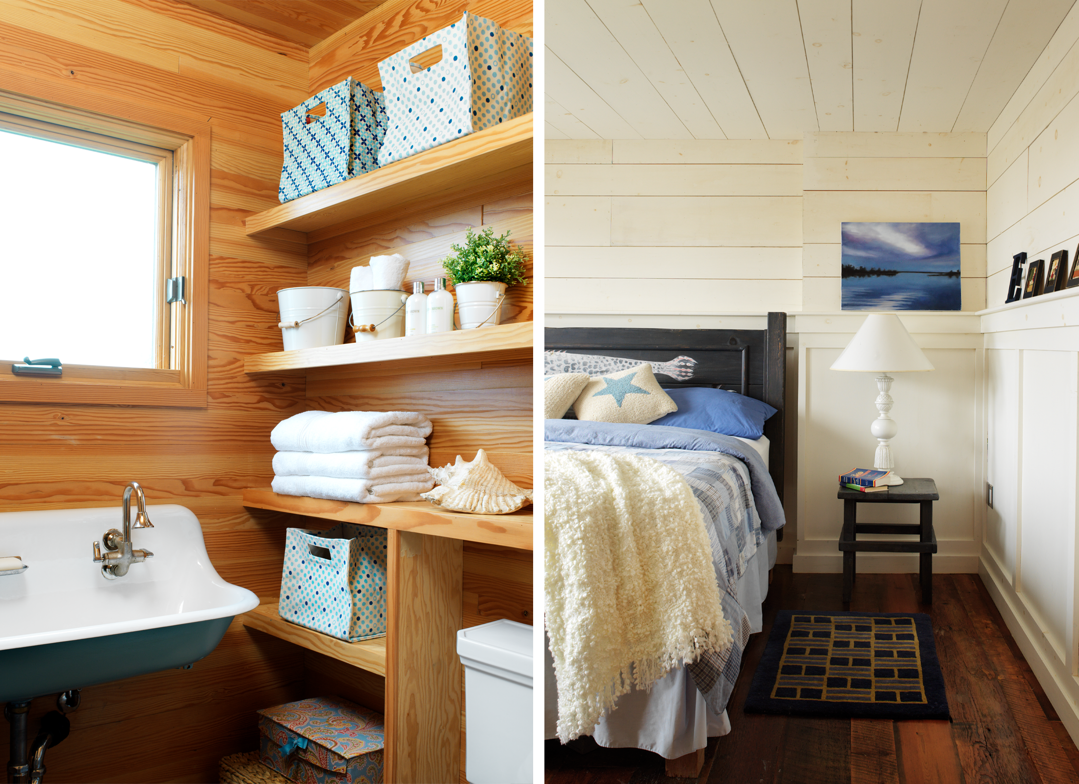On the left: Bathroom with wood walls, and an antique sink. On the right: Bedroom with white walls.