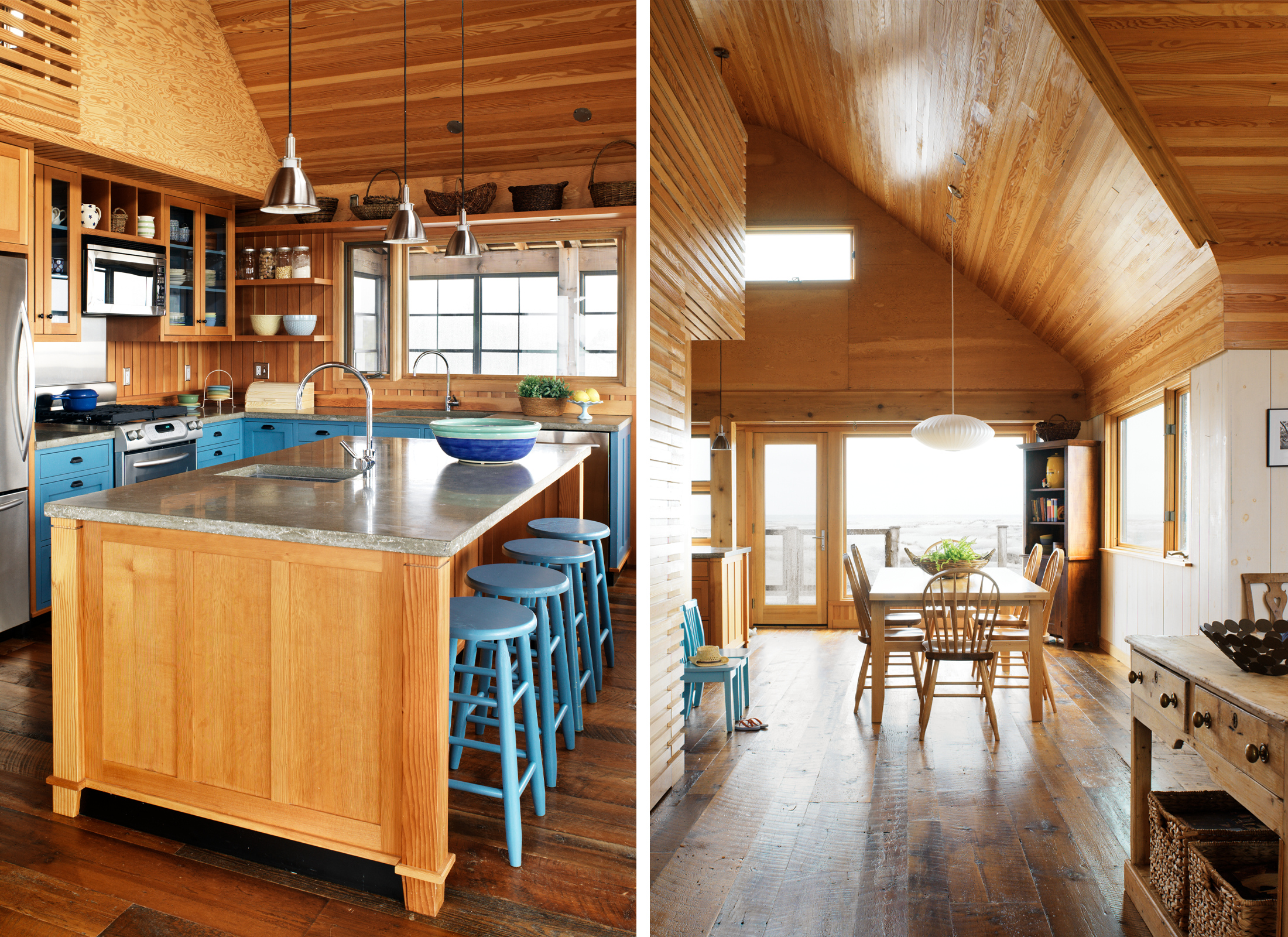 On the left: Blue and wood kitchen. On the right: Dining area overlooking water.