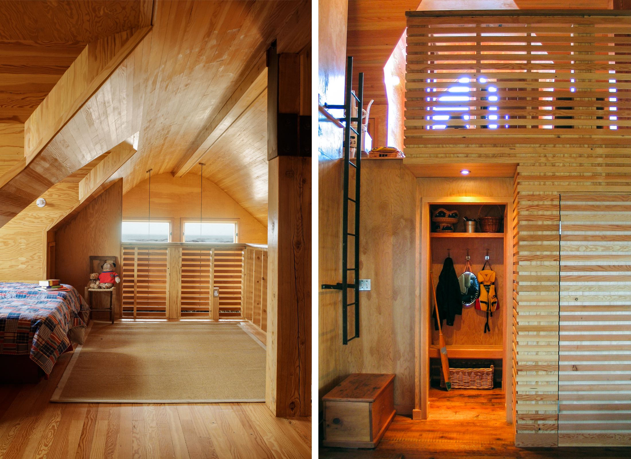 Loften bedroom with arched ceiling, made entirely of wood cladding.