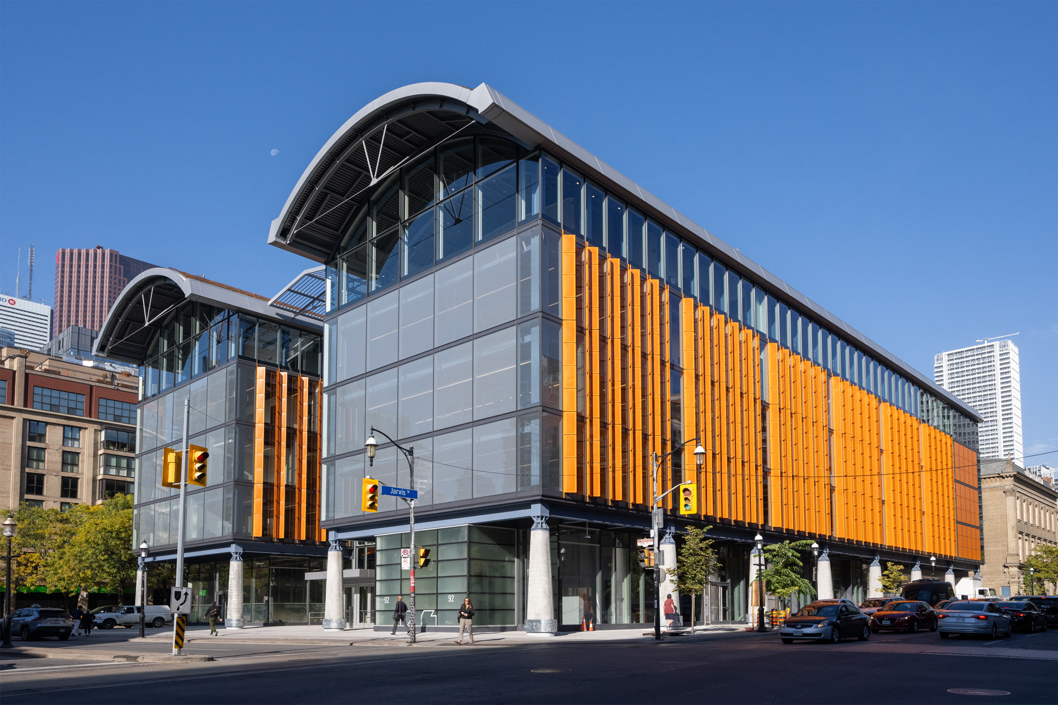Exterior view of the St. Lawrence Market North Addition, a four-Storey glass building.
