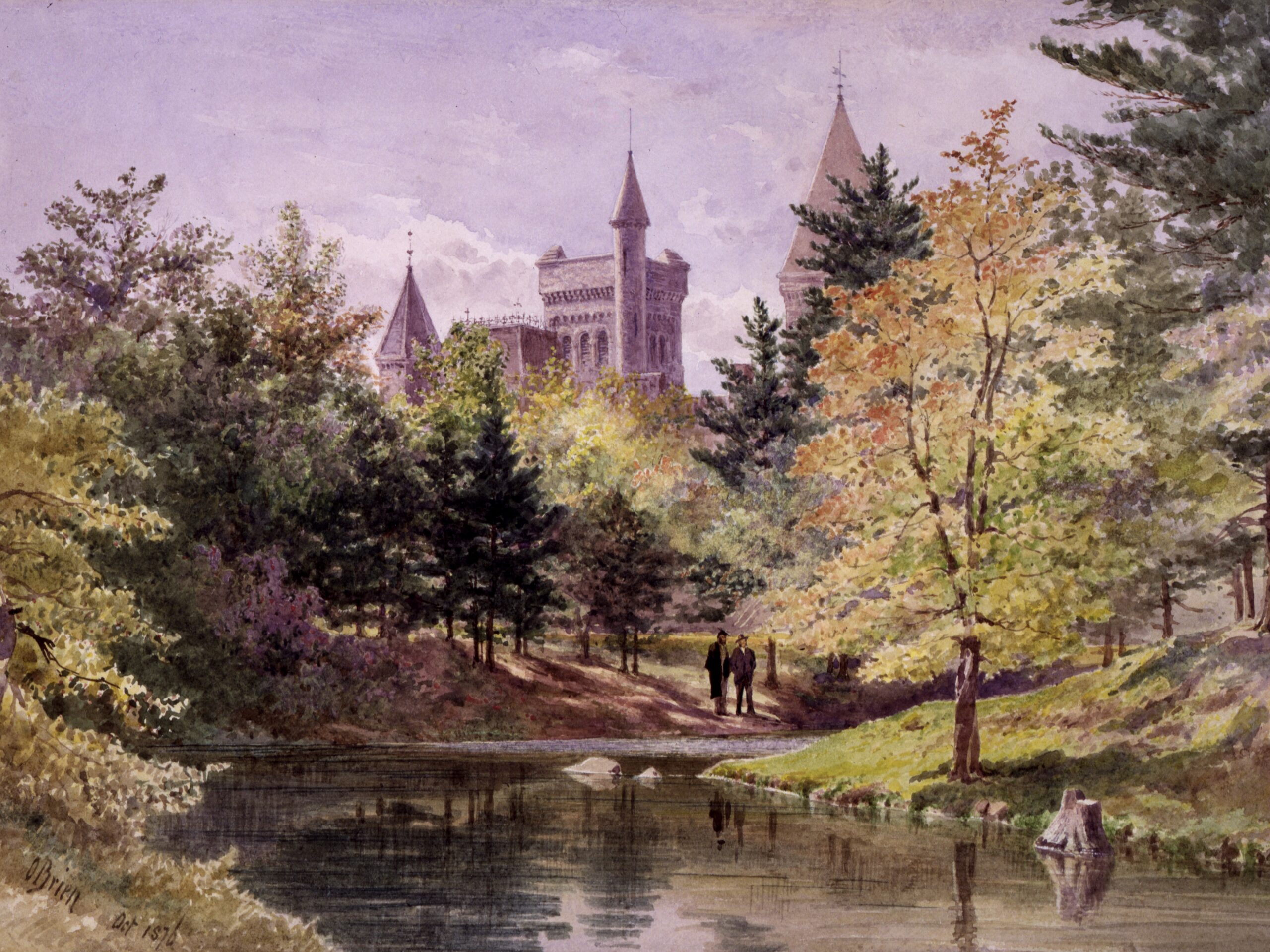 vintage painting/ illustration of river, trees, and castle like building in background