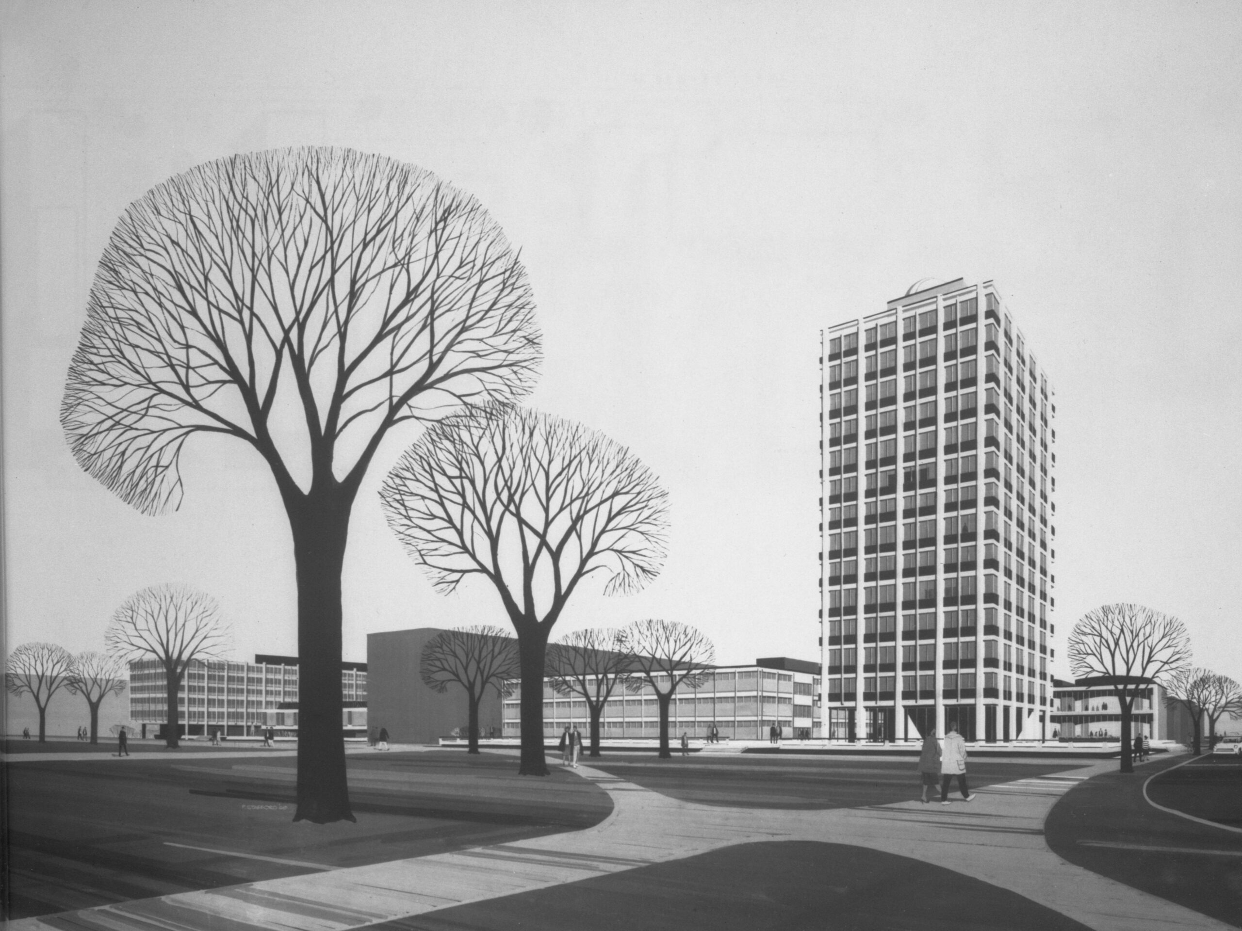 black and white illustration of a modern style building in a park