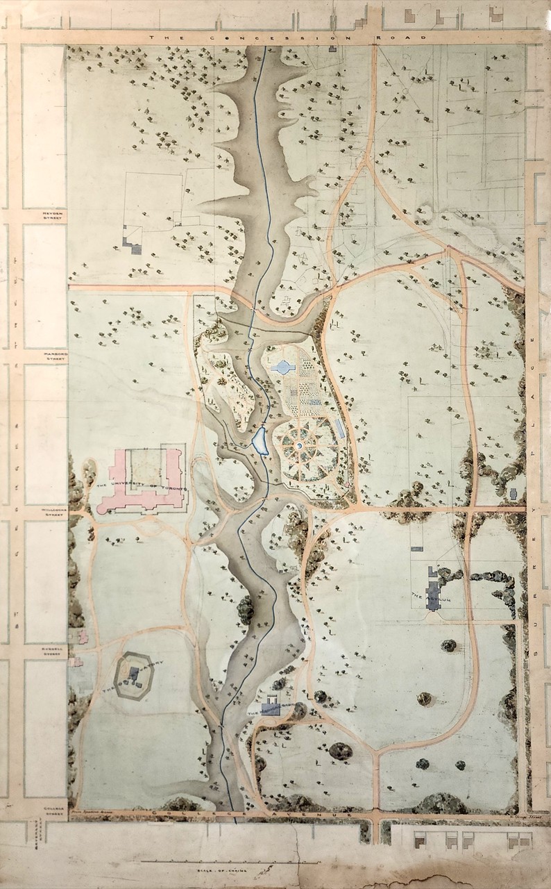Archival map depicting a proposed plan with Queen's Park by William Mundie in 1857. The plan suggested a round botanical garden within the park, but this vision was never realized.