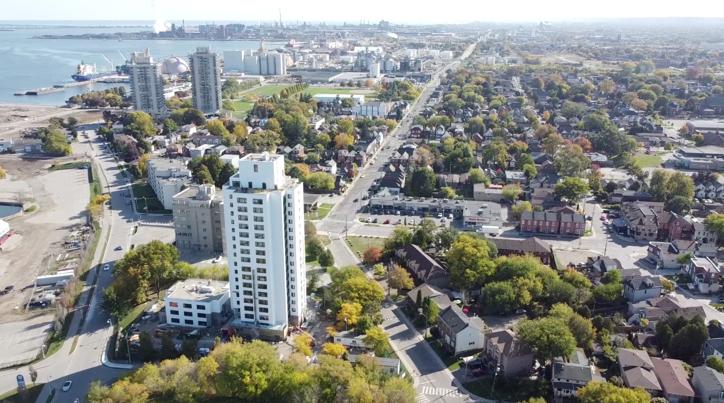 A drone photograph of the Ken Soble Tower with Hamilton harbour in the background