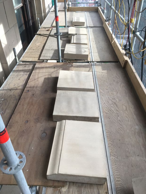 New terracotta ready for installation during the Royal Bank building renovation.