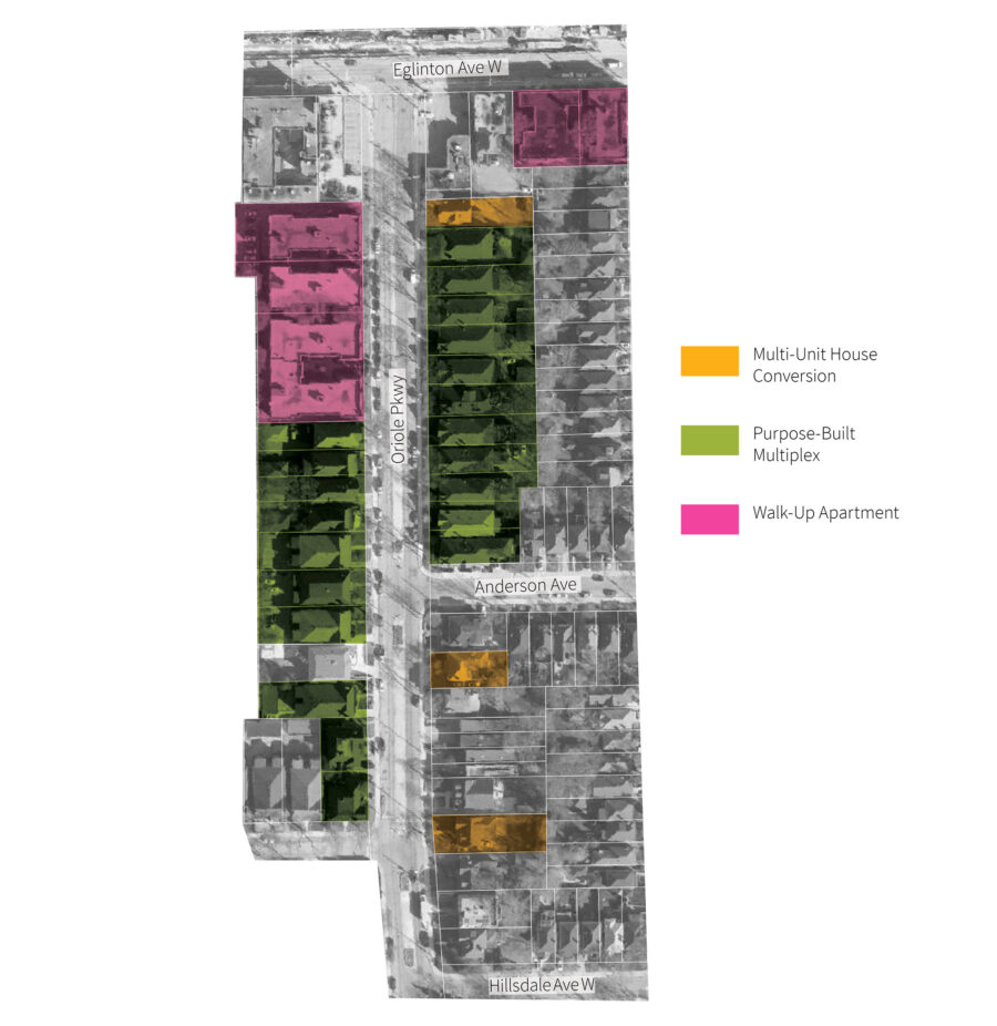 Oriole Neighbourhood Toronto, map marking multiple sites of existing "missing middle" housing stock types.