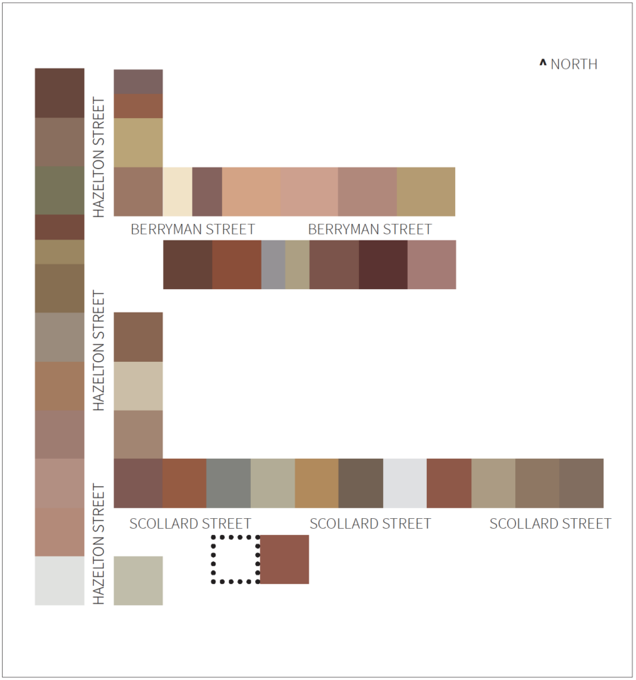 a mapped diagram of 4 streets in the neighbourhood, each site represented by its dominant colour swatch