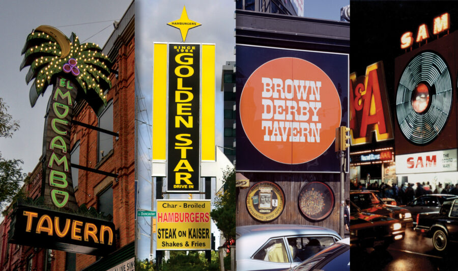 Collage of 4 photos showing landmark Toronto signs: El Mocambo neon palm tree; Golden Star vertical sign; Brown Derby Tavern lightbox; and Sam the Record Man's iconic neon "spinning" records.