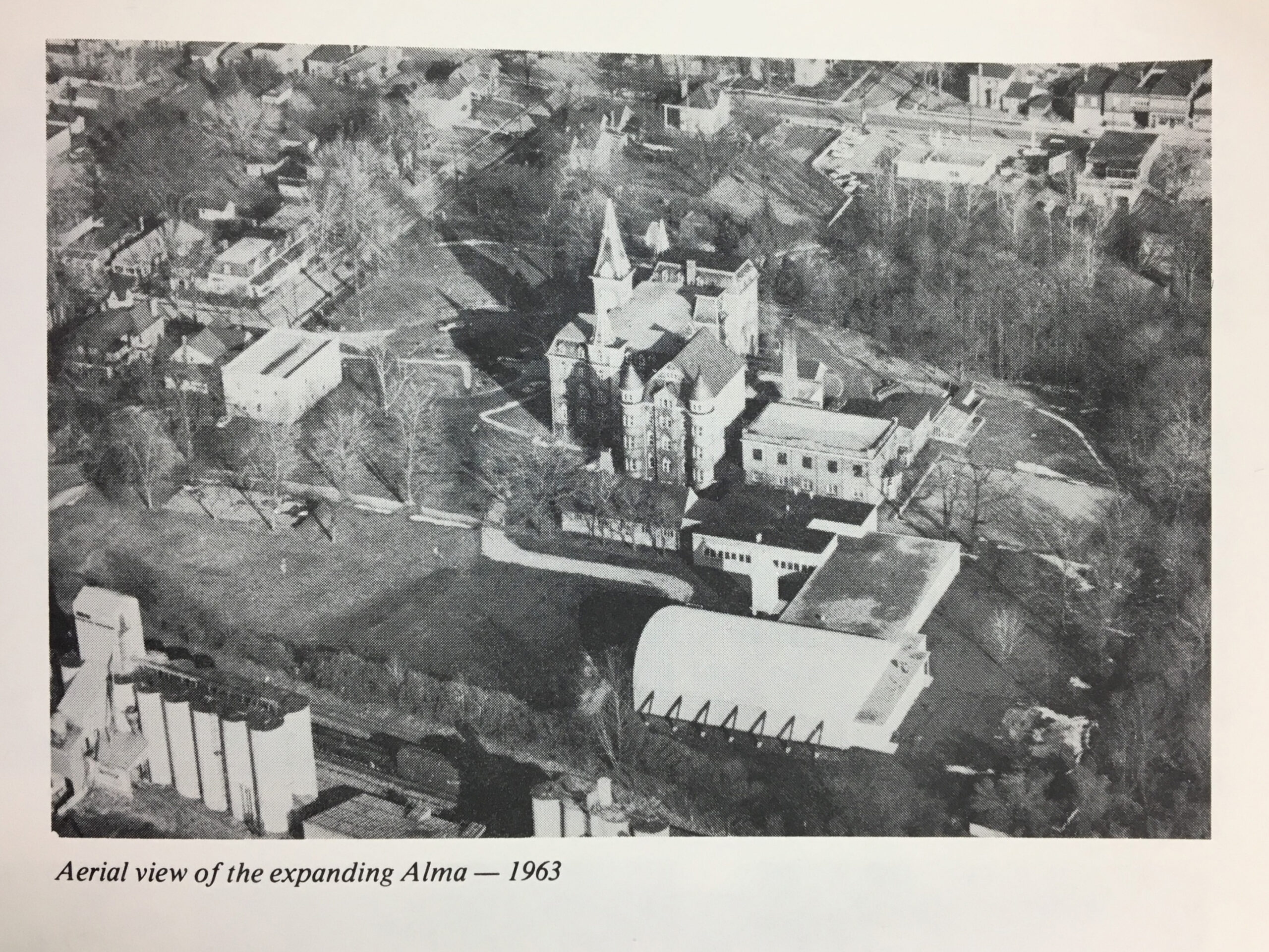 aerial photo taken from plane in 1963 of original Alma College