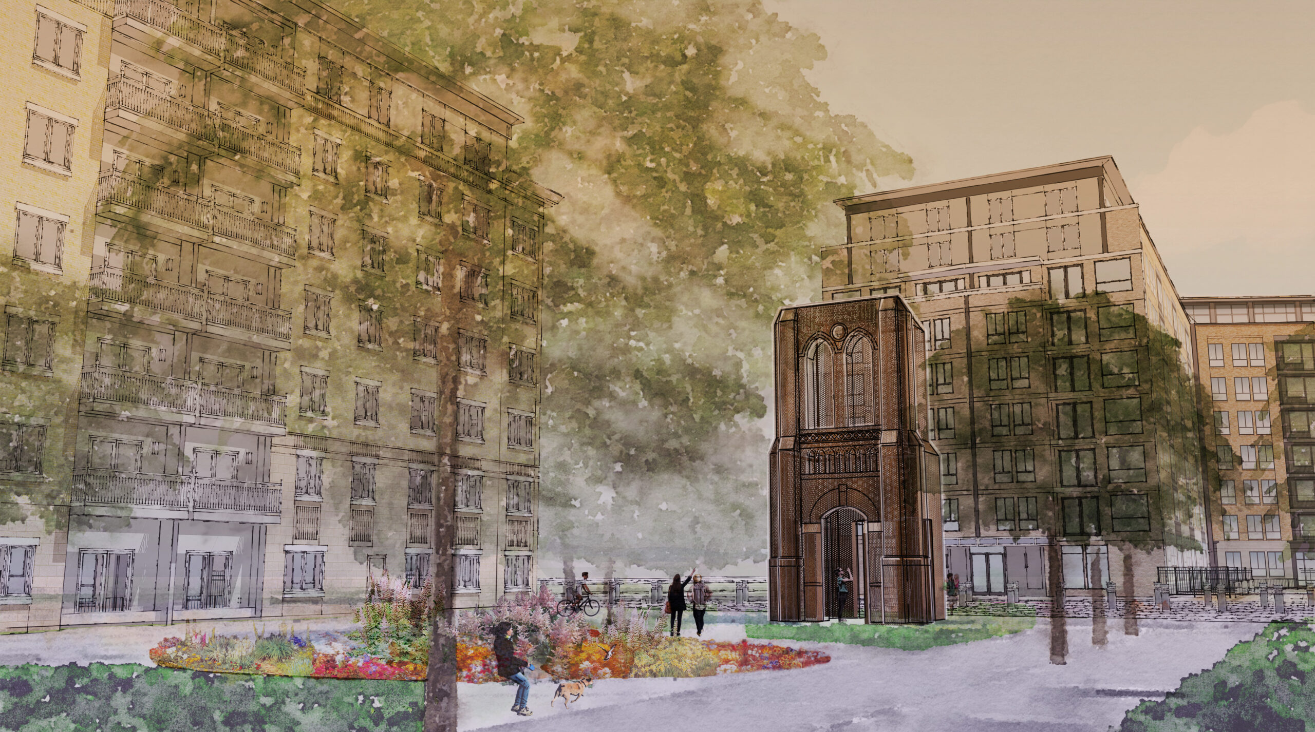 illustration of original entry gates to Alma College in front of new housing