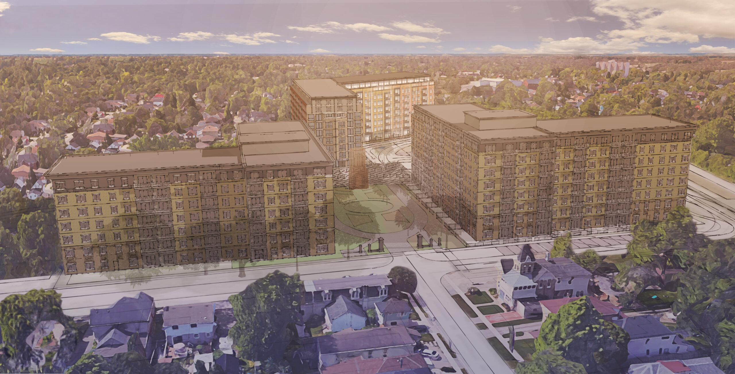 illustration of development from aerial view with two midrise buildings lining a street with a courtyard and restored Alma College entry gates