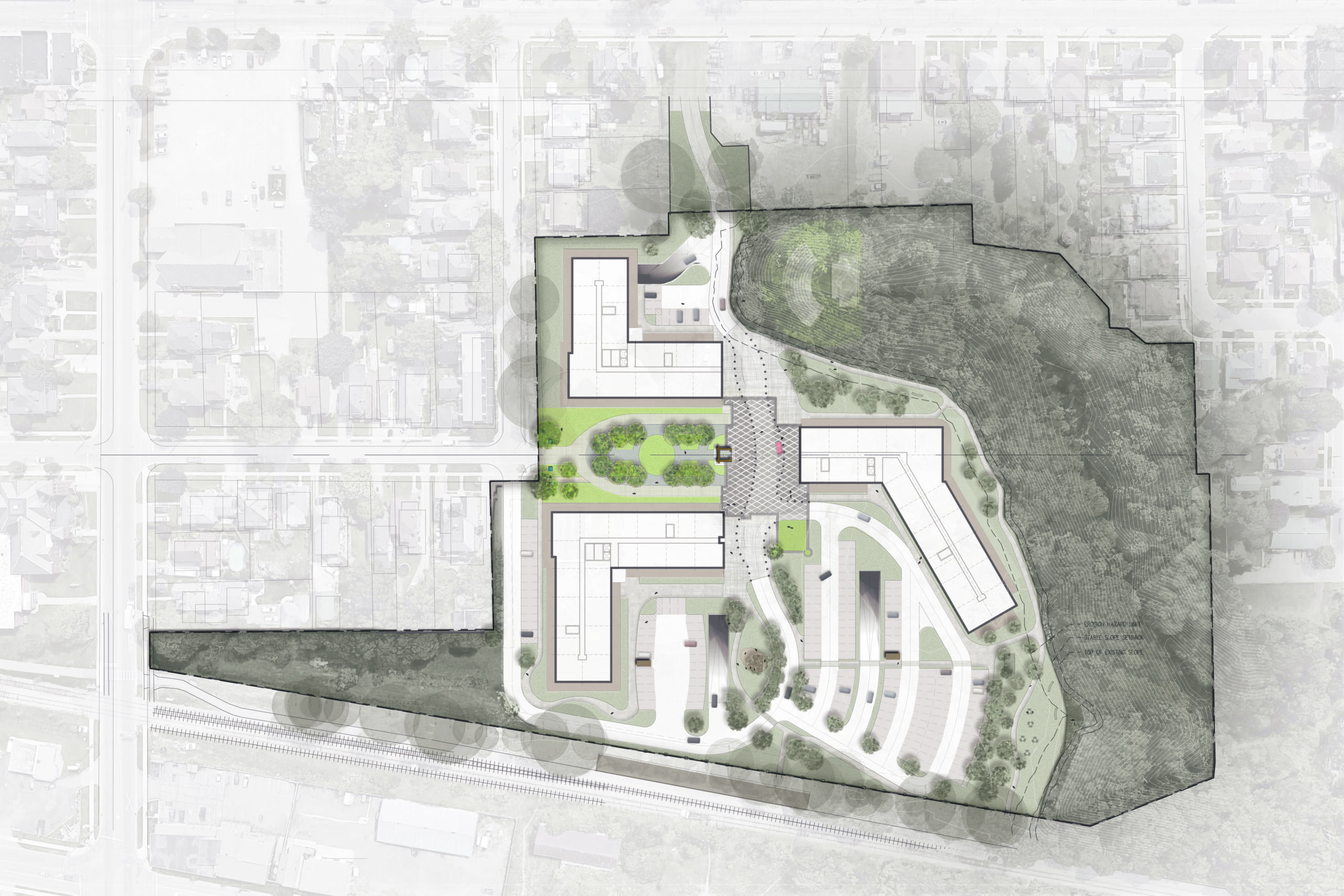 overhead illustration site plan of the development in contgext with surrounding area