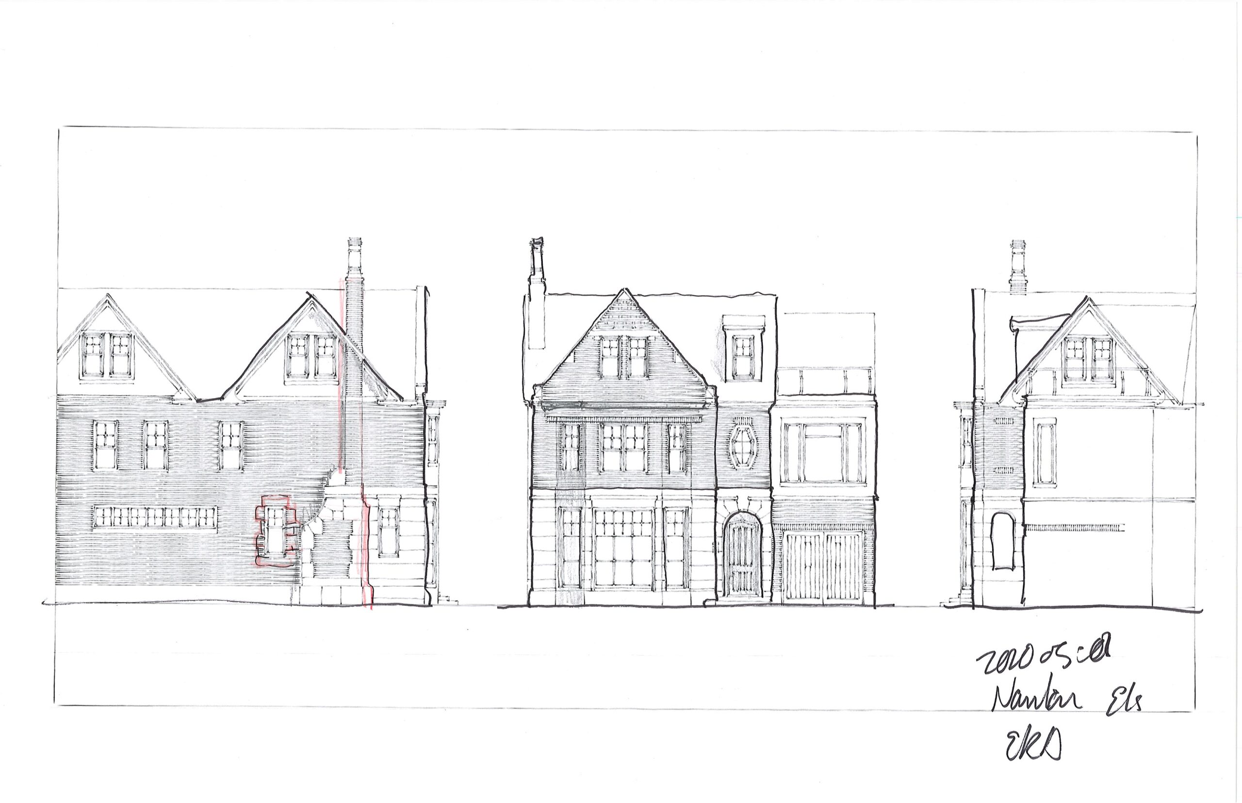 hand drawn sketch of the front and side elevations of a three story house