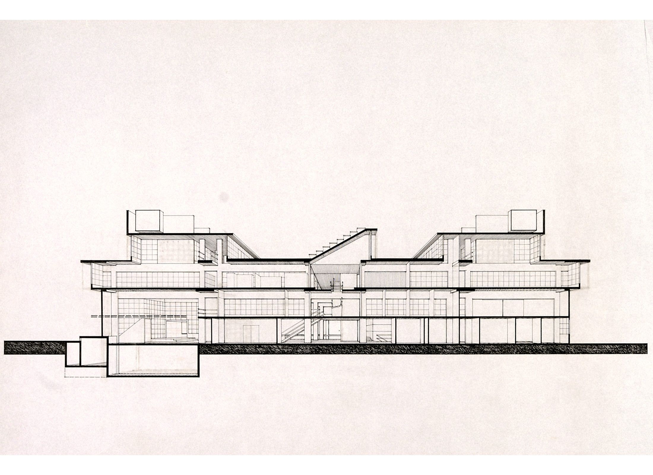 Sectional Perspective drawing in black & white of Carleton Architecture School.