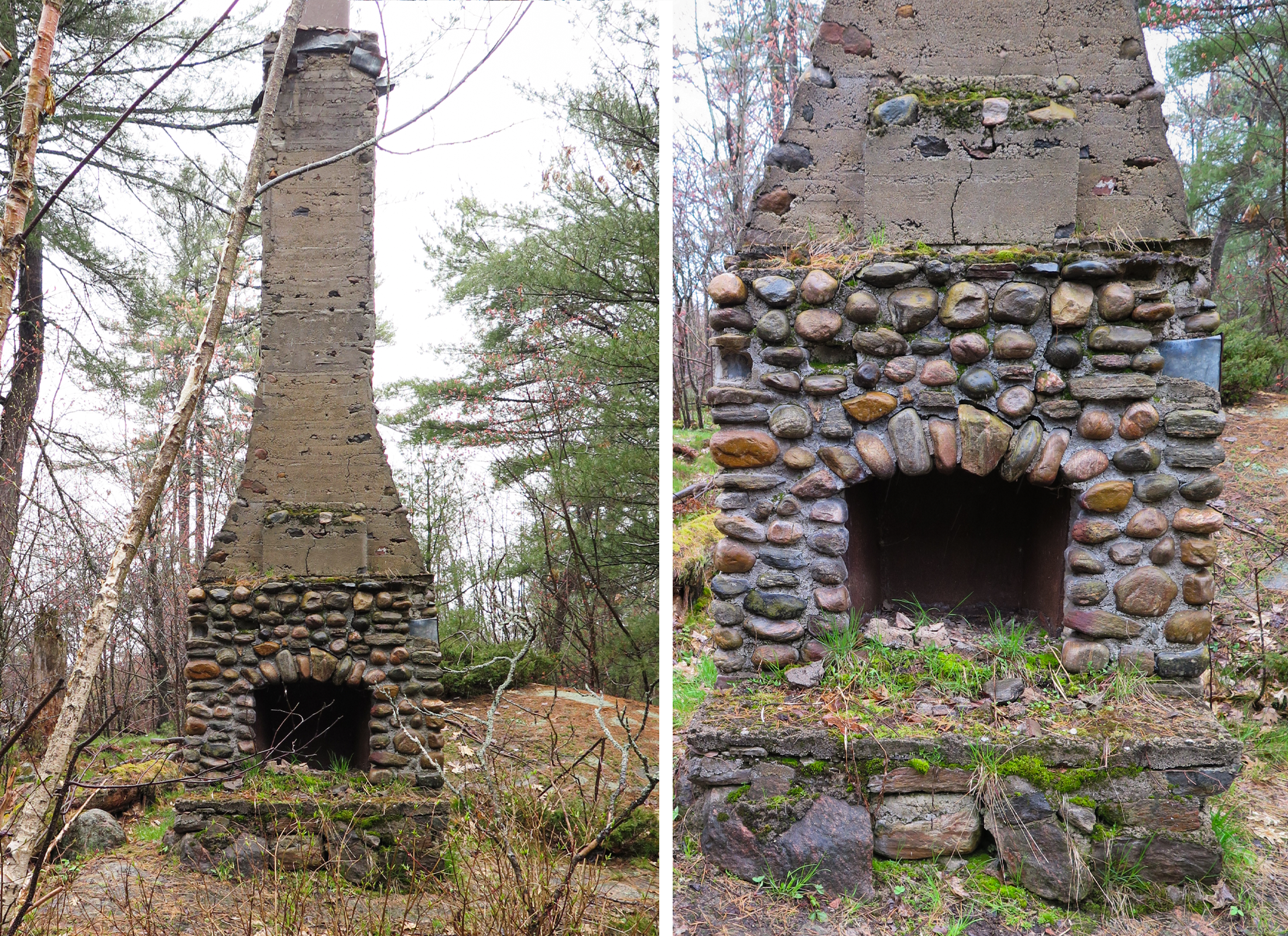 Freestanding stone fireplace sitting amongst a forest.