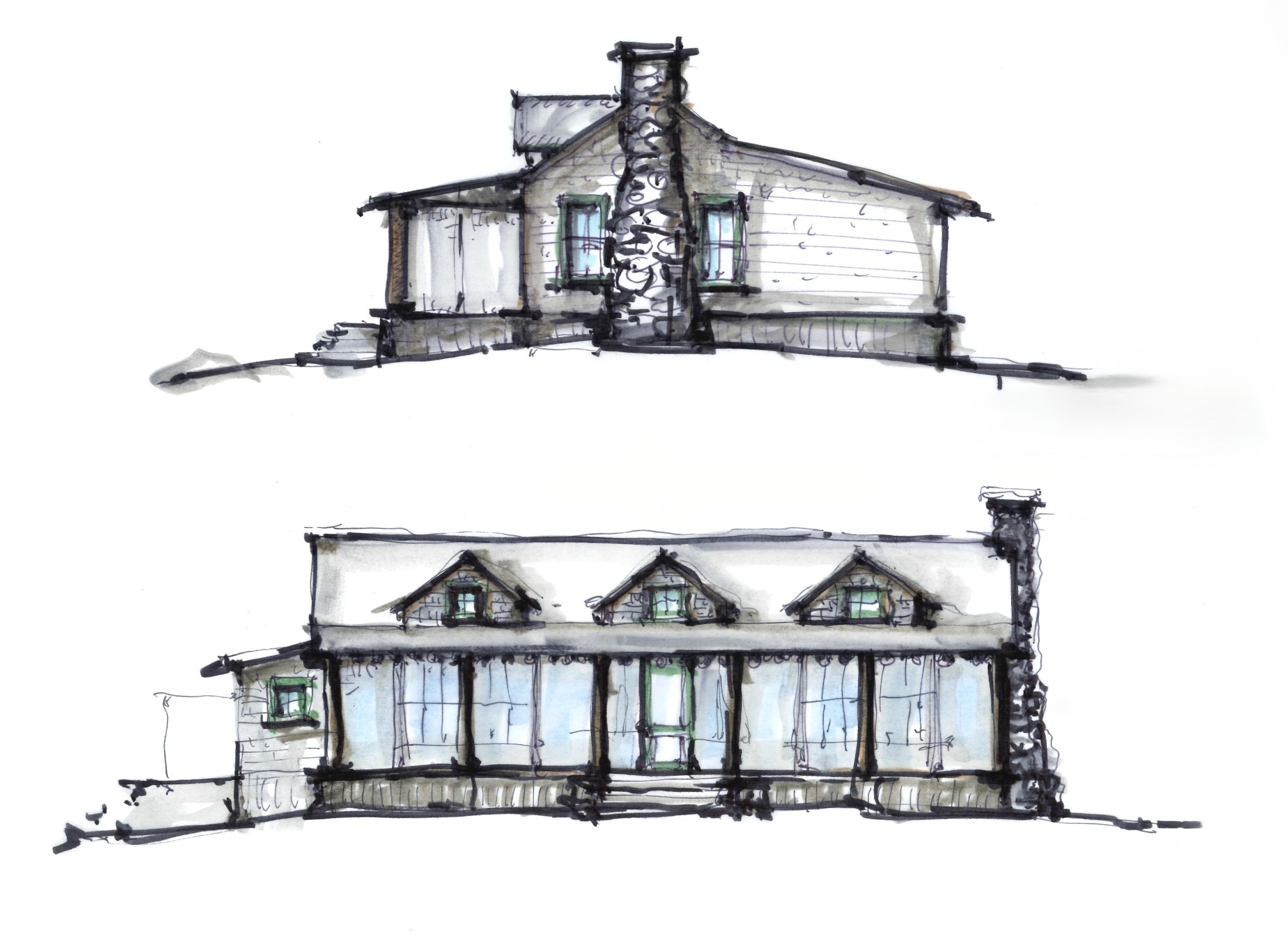 Pinewood Cottage elevation sketches.