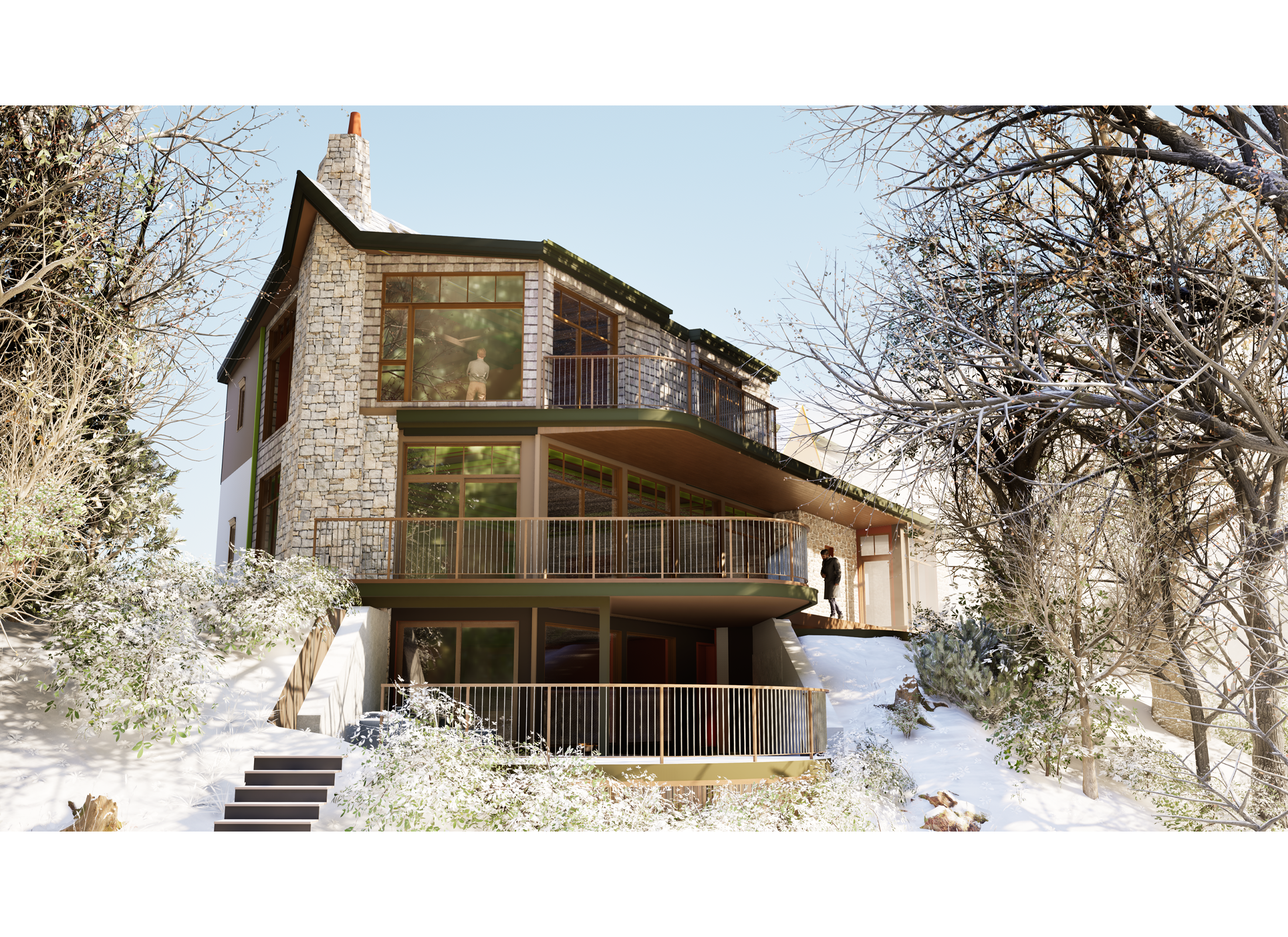 Exterior view of balconies at Lytton Park Ravine Residence during winter.