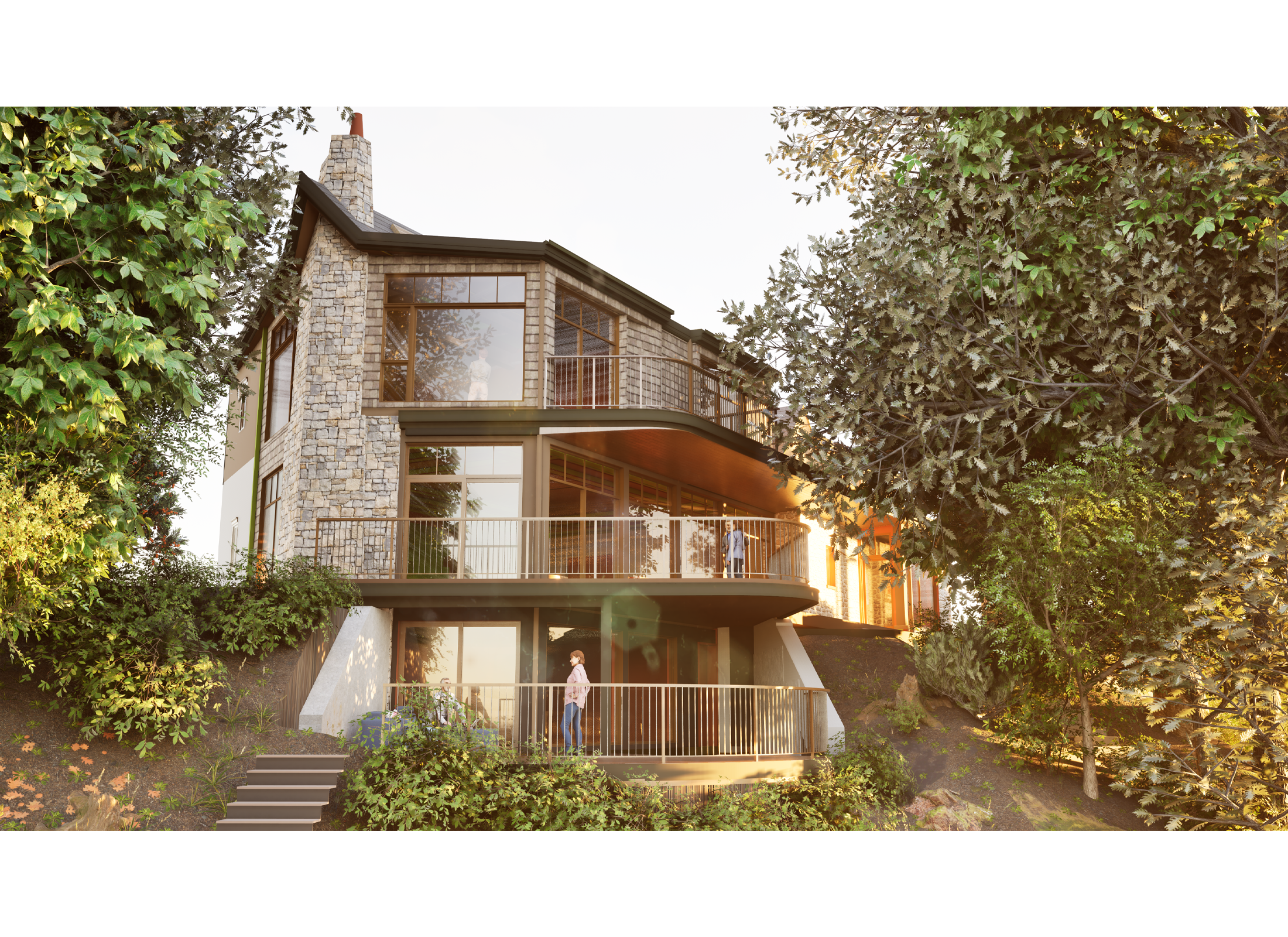 Exterior view of people standing on the balconies of Lytton Park Ravine Residence during sunset.