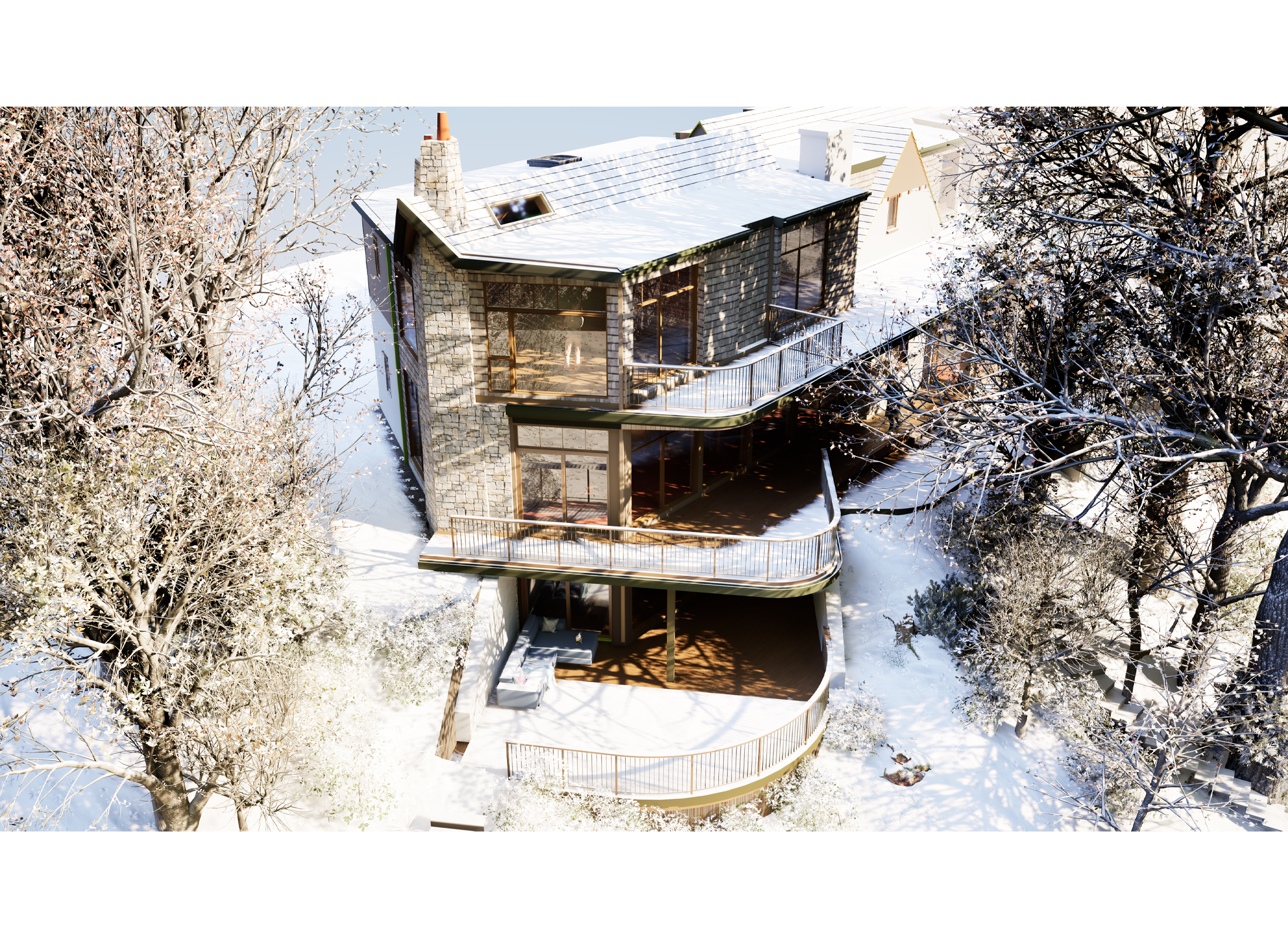 Aerial view of balconies at Lytton Park Ravine Residence during winter.