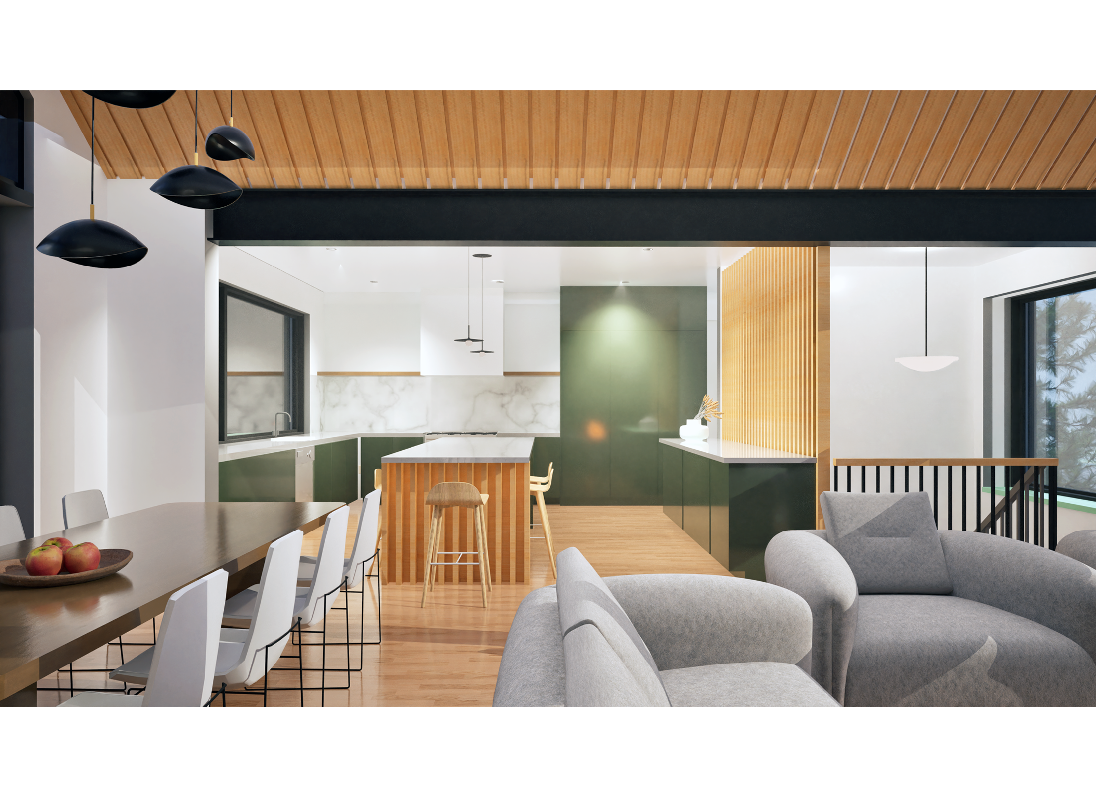 View inside the Craigleith Chalet kitchen and living room.