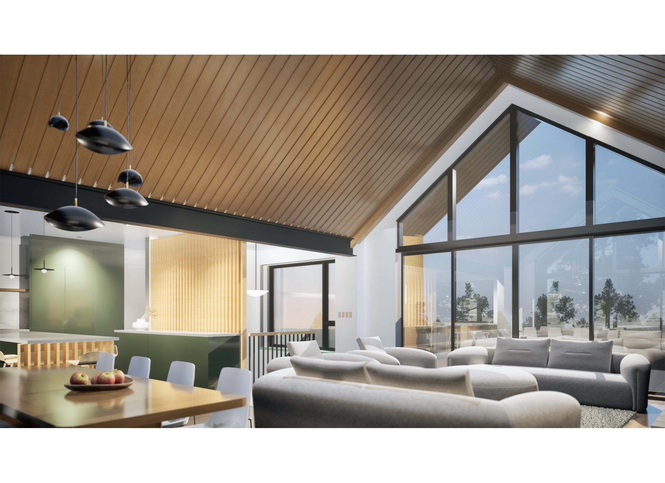 View inside the Craigleith Chalet, a modern interior with vaulted ceilings.