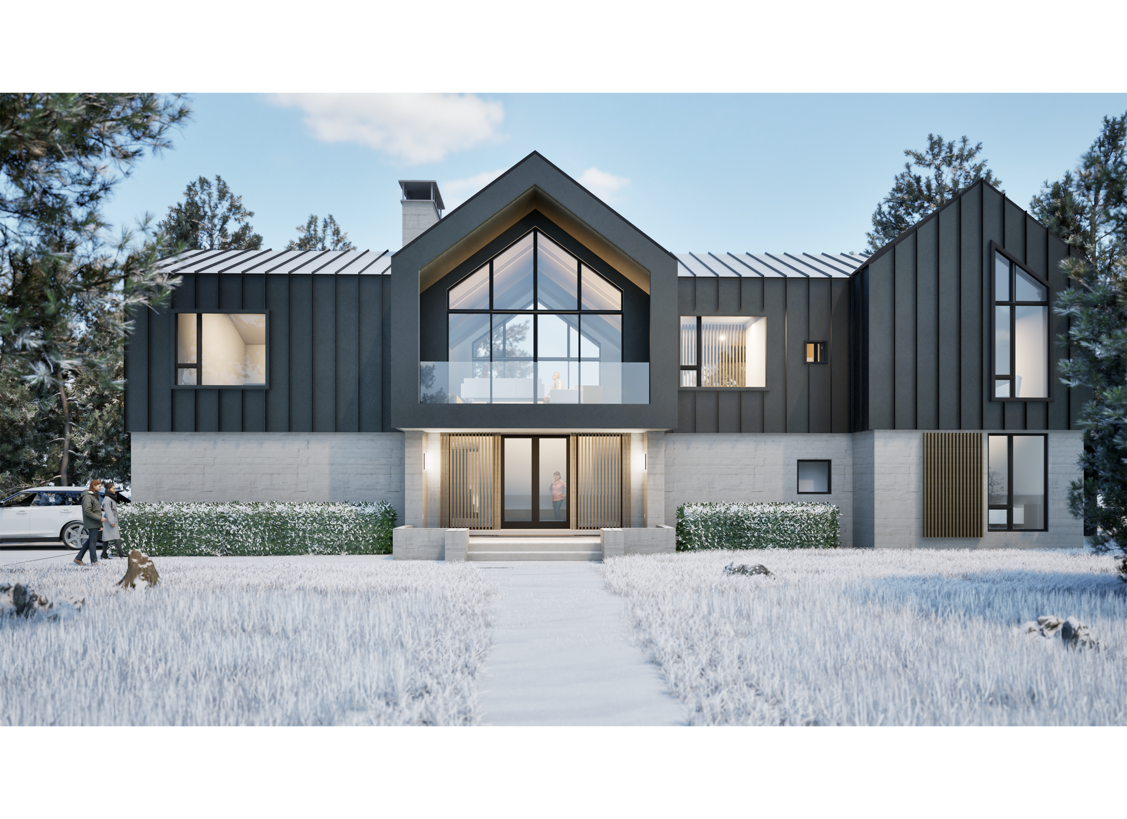 Front elevation of the Craigleith Chalet, a modern two storey building with white brick and grey cladding, nestled in a snowy landscape.