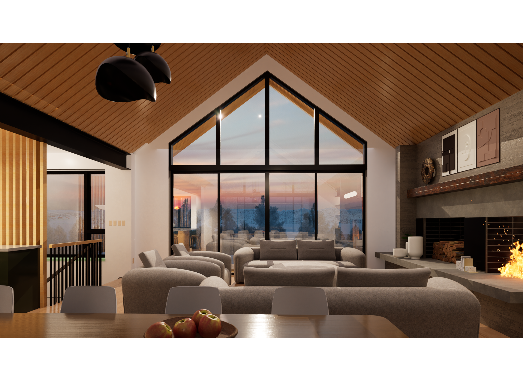 View inside the Craigleith Chalet, overlooking a snowy landscape during sunset.