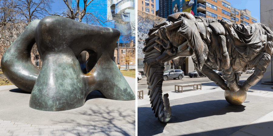 On the left: Henry Moore's abstract sculpture titled "Two Large Farms" On the right: Brian Jungen’s "Couch Monster: Sadzěʔ yaaghęhch’ill" sculpture, which resembles an elephant on a ball.