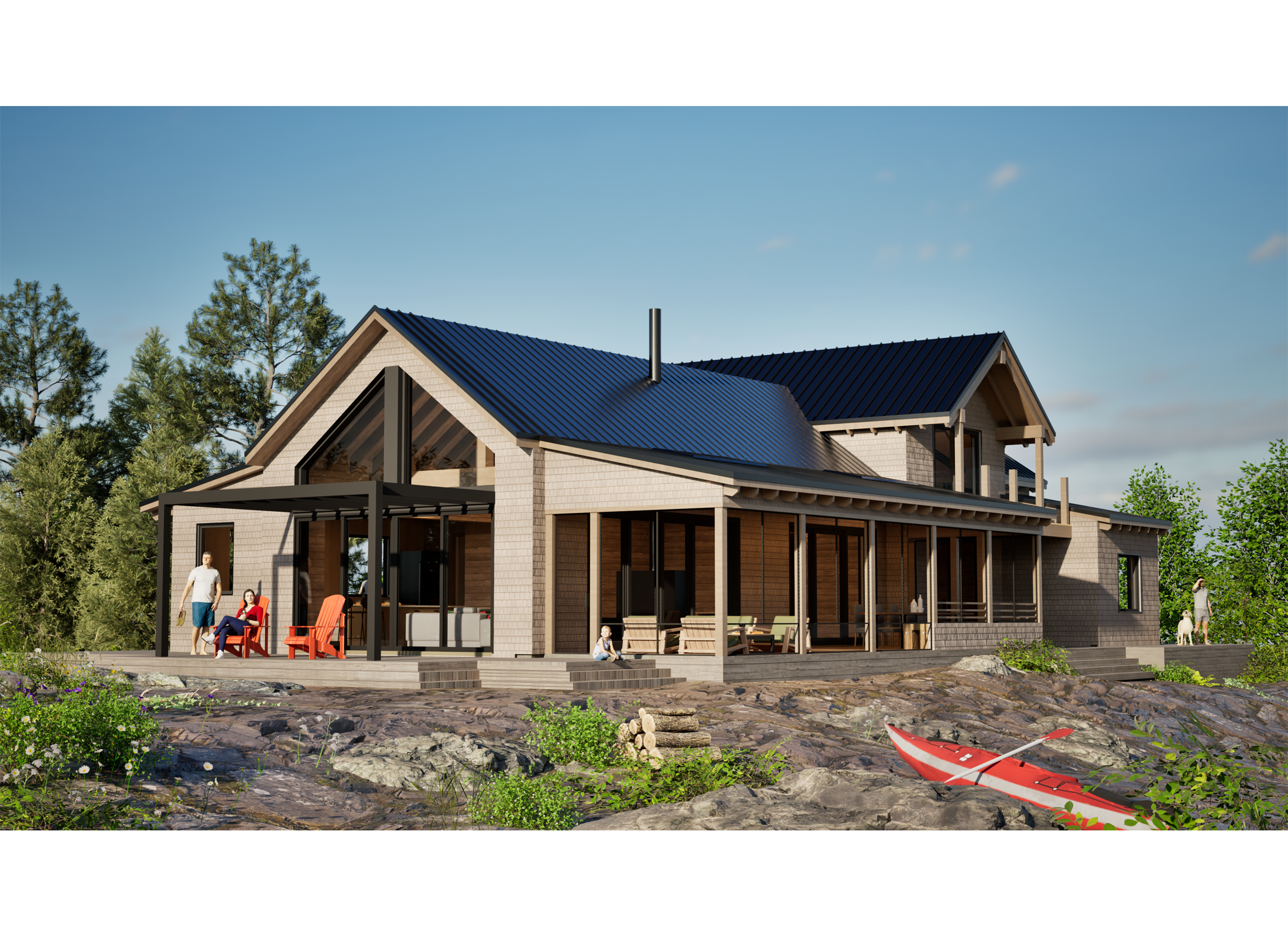 Exterior view of Granite Pines Retreat, a cottage on the water with people and a kayak in the foreground.