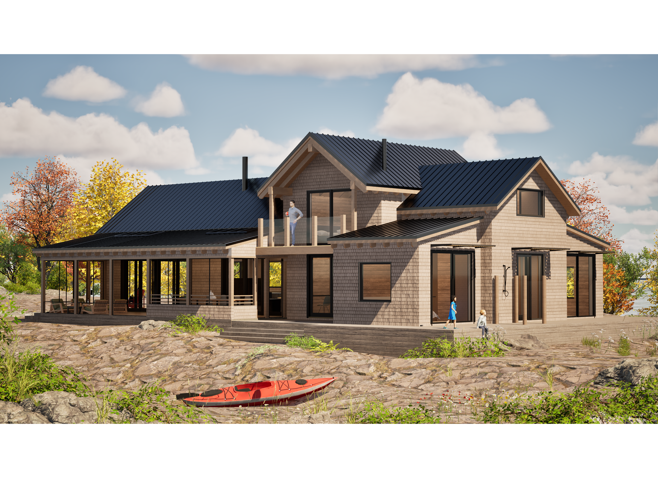 Exterior view of Granite Pines Retreat, a cottage on the water with people and a kayak in the foreground.
