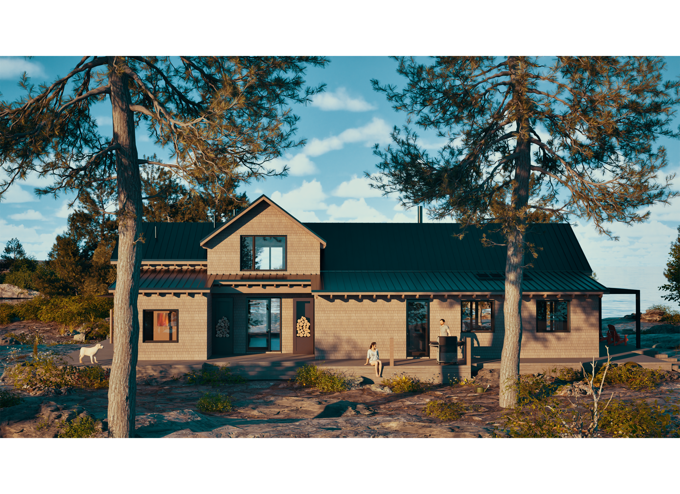 Exterior view of Granite Pines Retreat, a cottage on the water with people and a dog.
