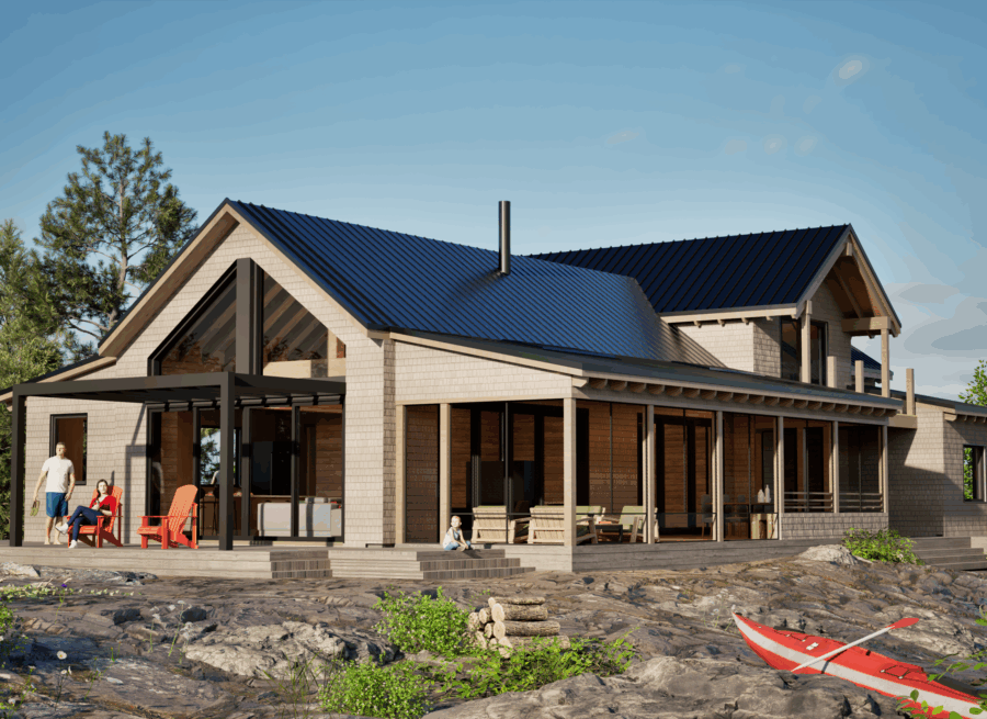 Exterior view of Granite Pines Retreat, a cottage on the water with people and a kayak in the foreground.