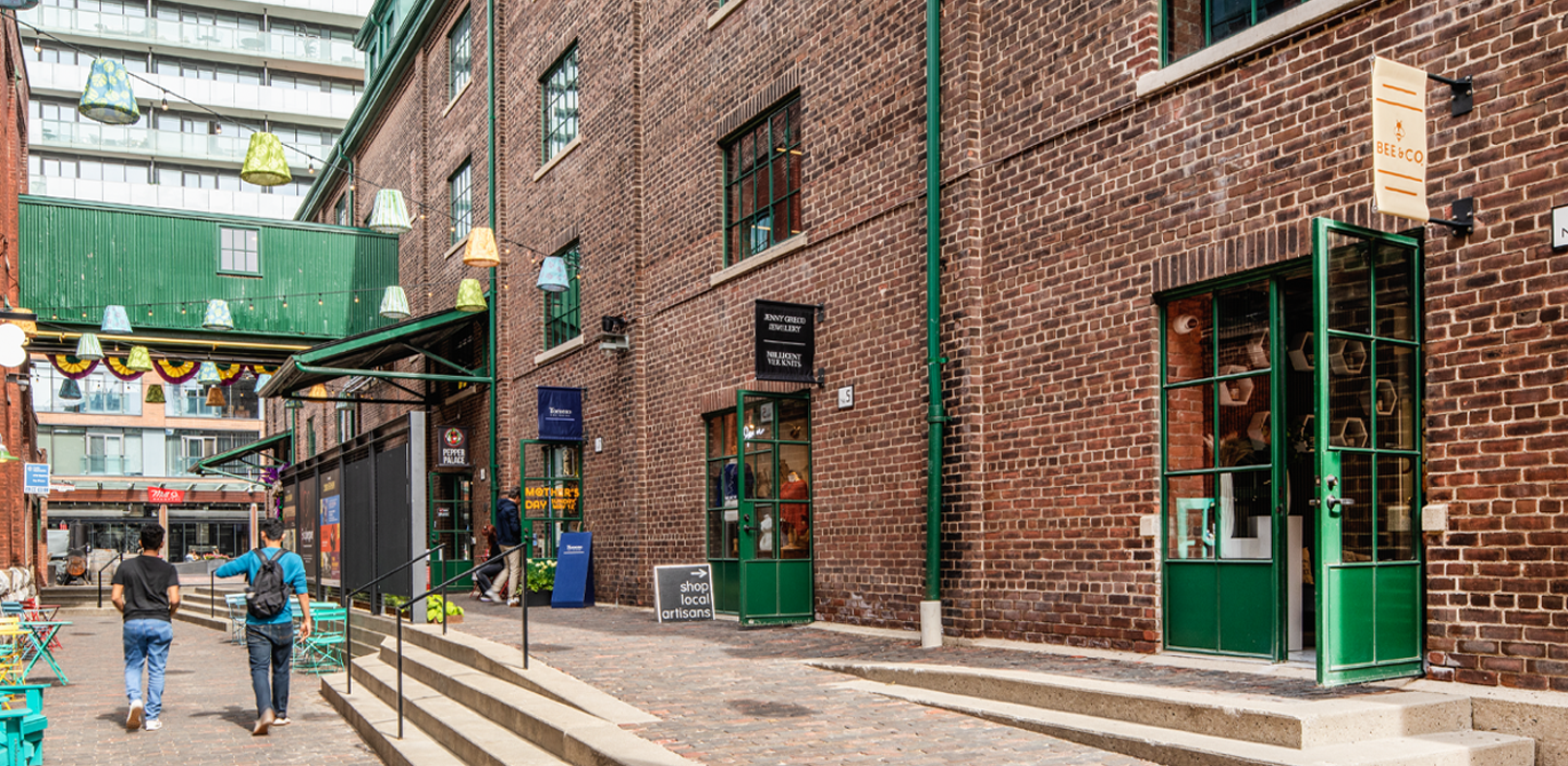 A view down a streetscape at Distillery District.