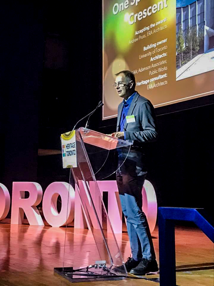 Andrew Pruss accepting the William Greer Built Heritage Award for One Spadina Crescent at the 2019 Heritage Toronto Awards.