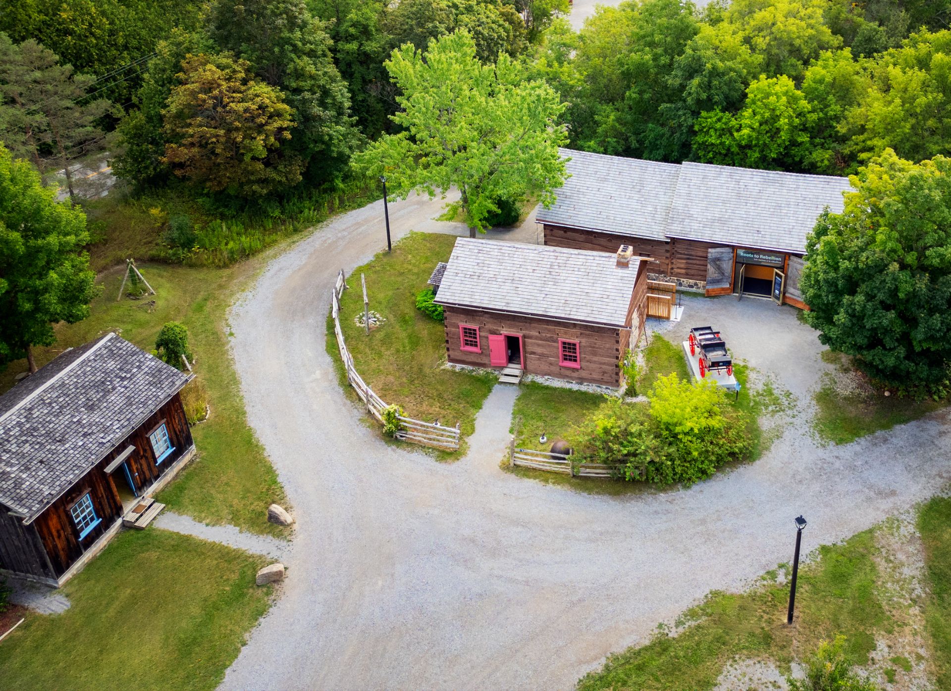 Aerial image of Pickering Museum village timber buildings