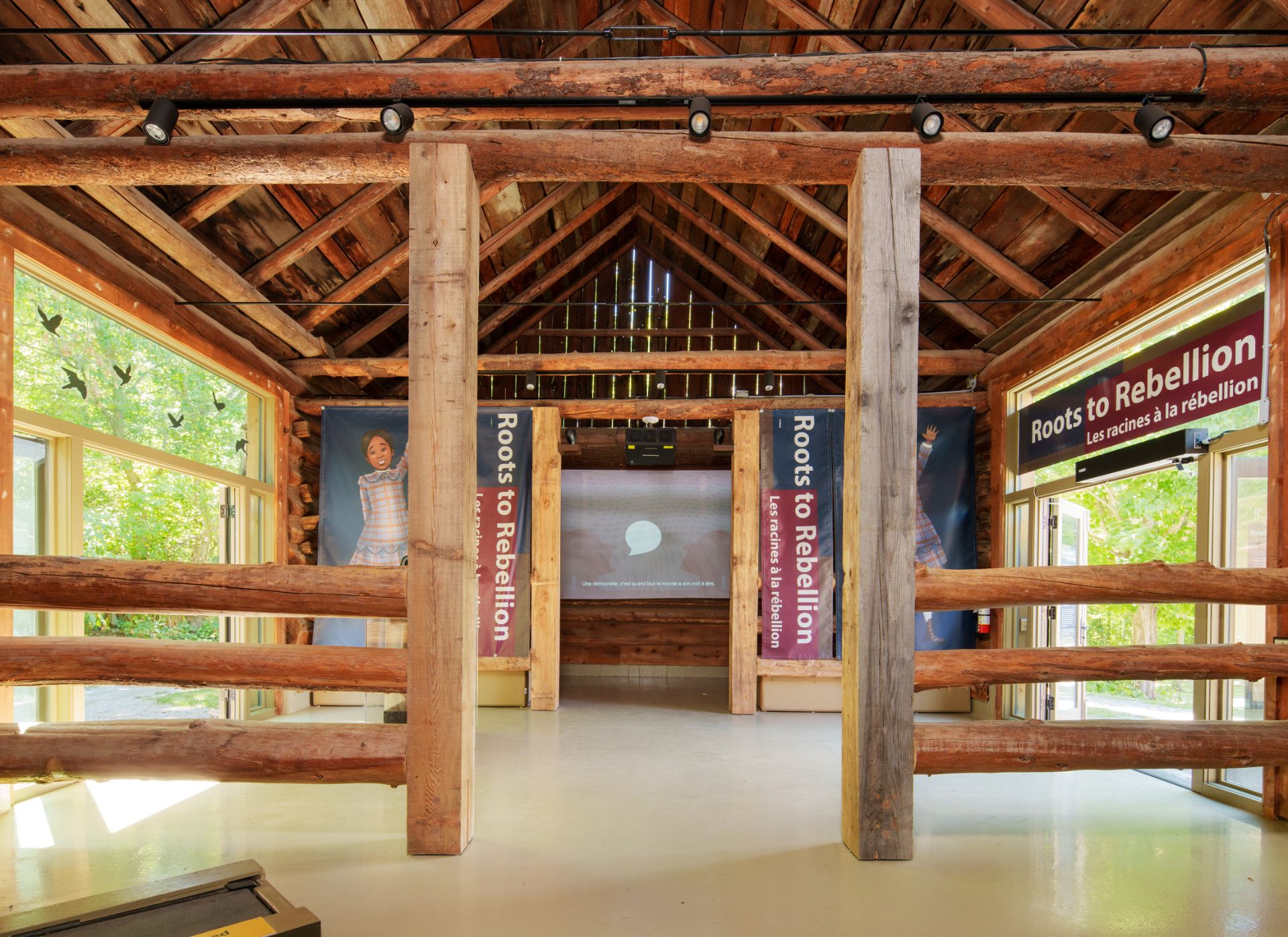 Pickering Museum Village timber building interior with displays.