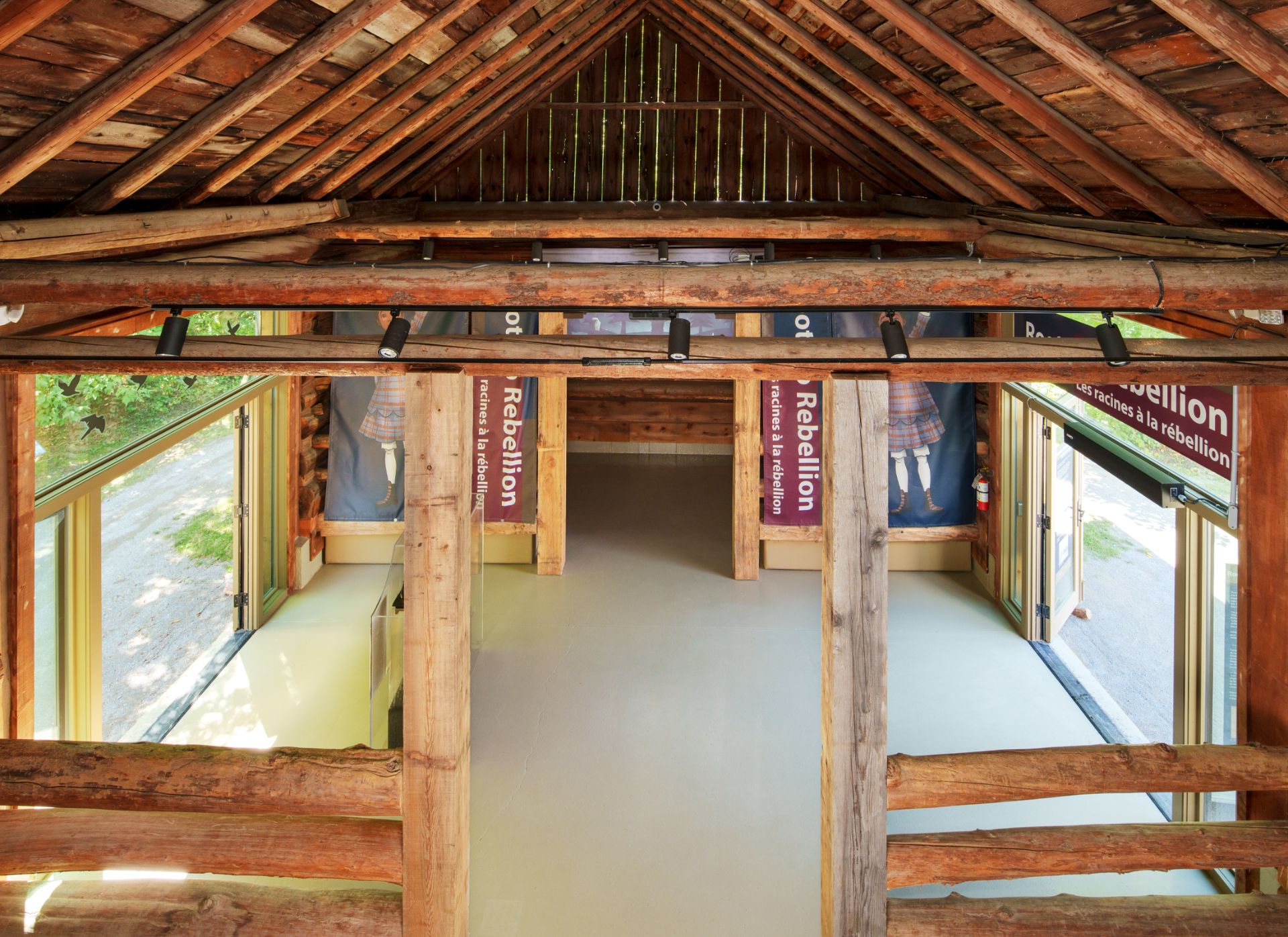Pickering Museum Village timber building interior with displays.