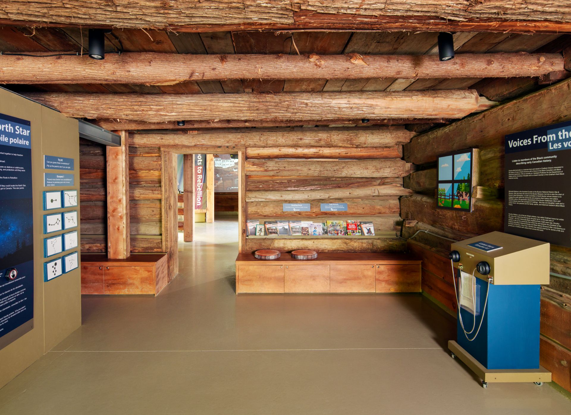 Pickering Museum Village timber building interior with displays.