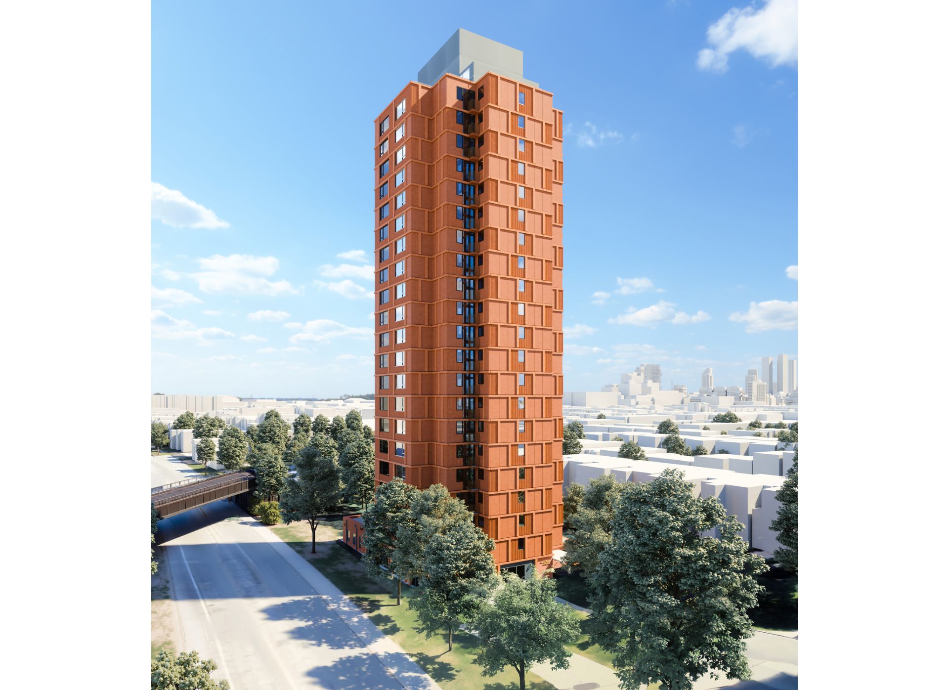 Entire building rendering of 444 Logan, surrounded by landscape and low rise buildings.