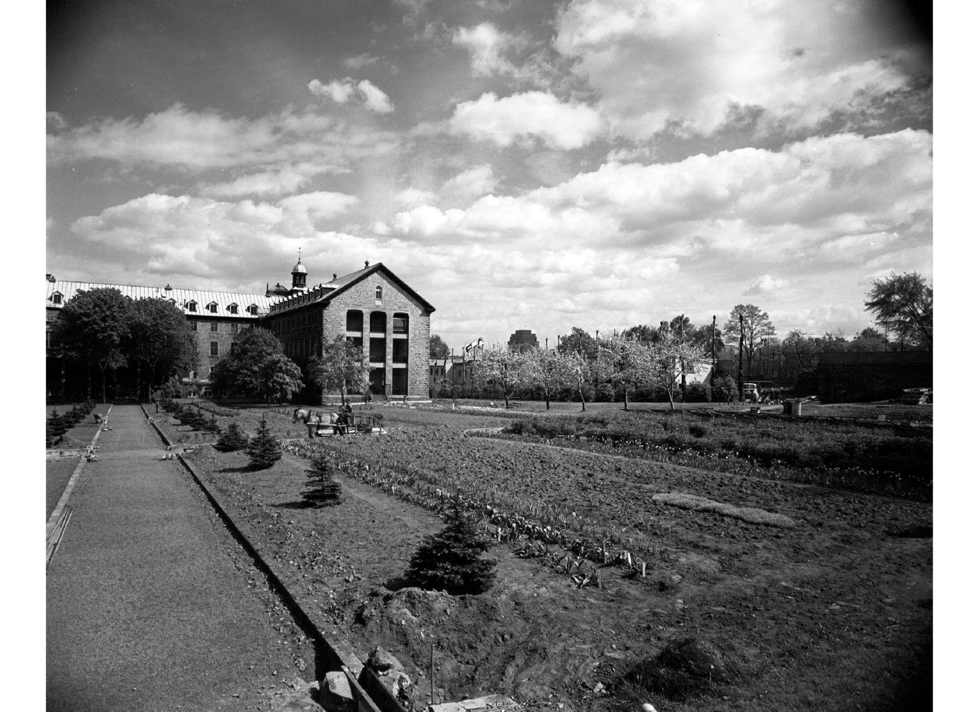 Black and White image of a garden landscape in the foreground, with three storey heritage brick building in the background. 