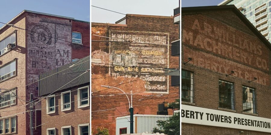 Three images of faded painted text on side of heritage brick buildings.