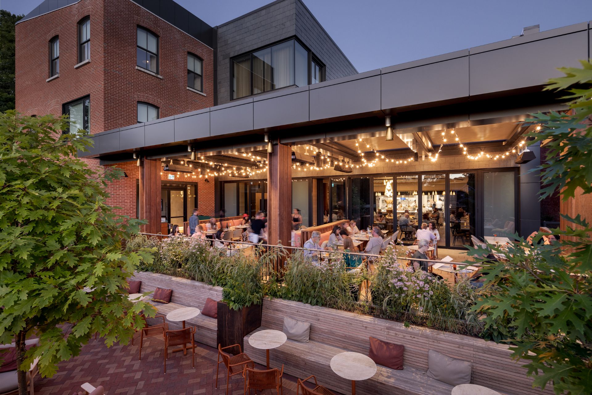 An outdoor restaurant terrace and a covered patio.